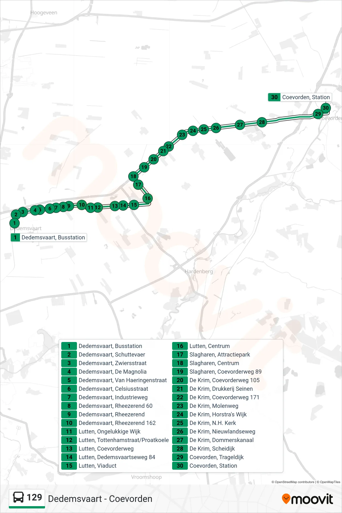 129 bus Line (Coevorden) route and stops on a map