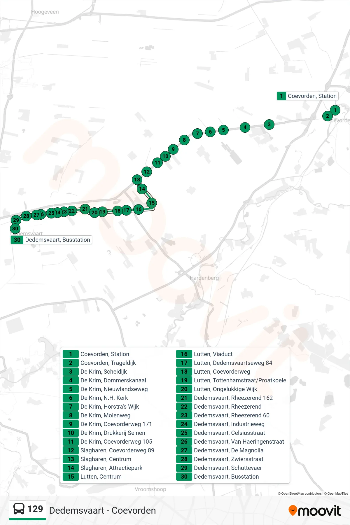 Lijn 129 (bus, Dedemsvaart): route en haltes op de kaart