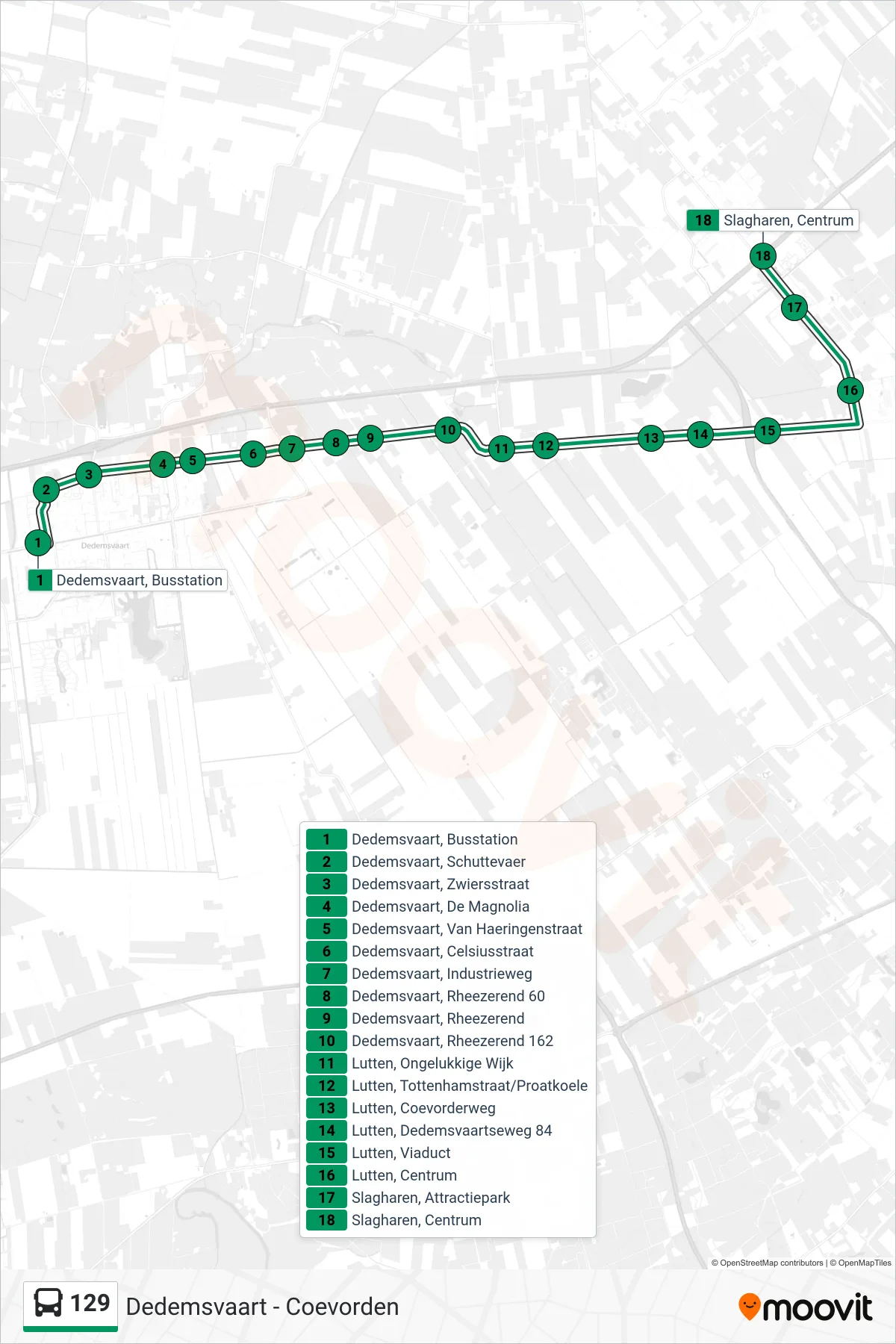 Lijn 129 (bus, Slagharen): route en haltes op de kaart