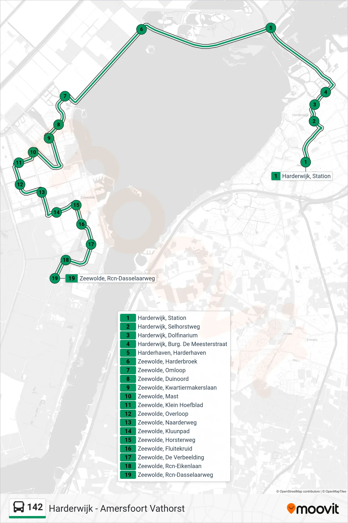 142 bus Line (Zeewolde) route and stops on a map