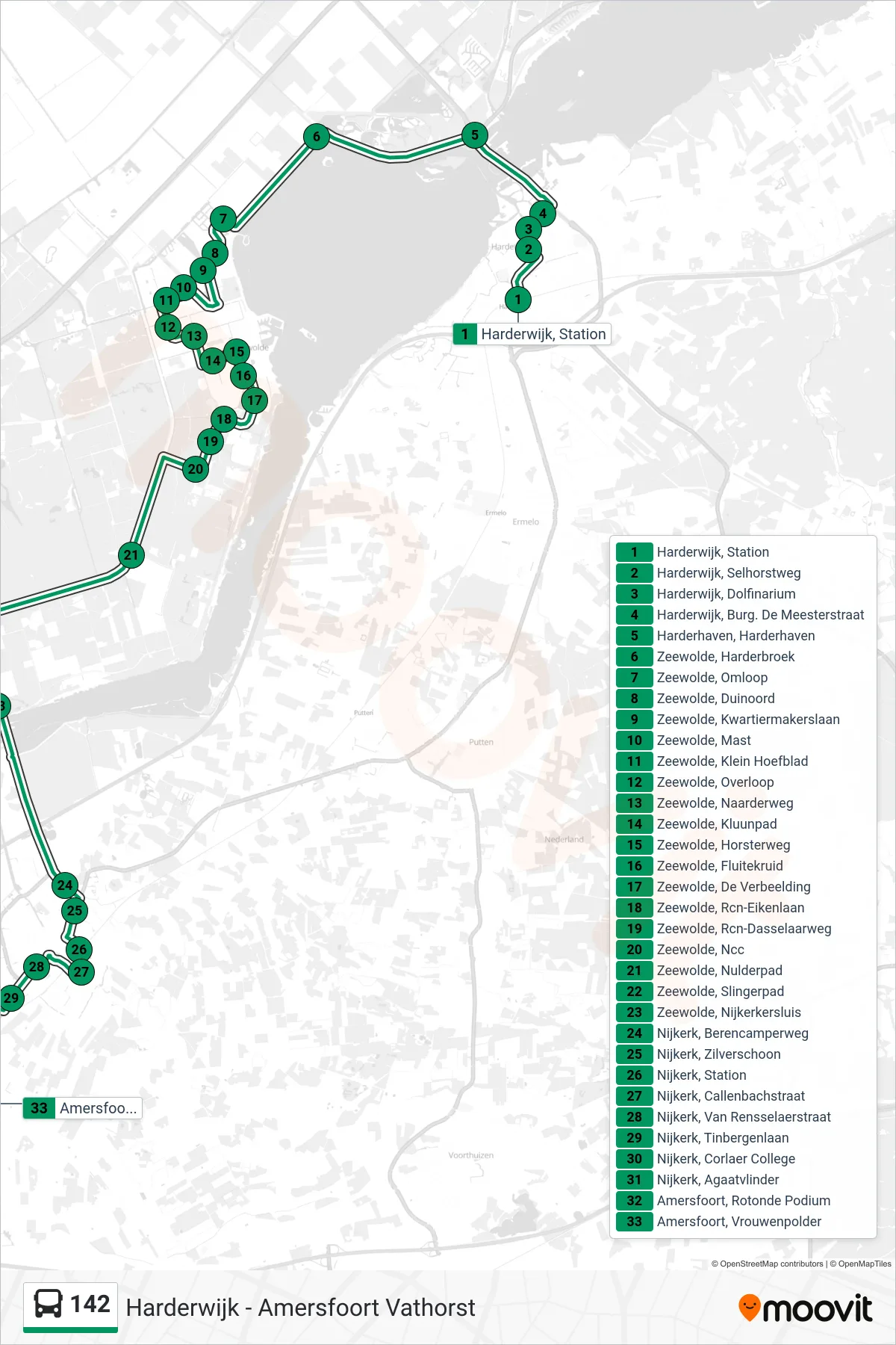 Lijn 142 (bus, Amersfoort): route en haltes op de kaart