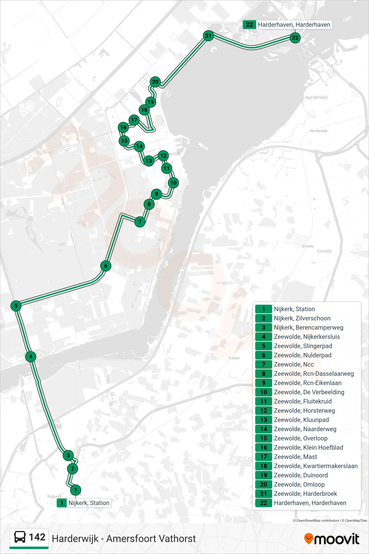 142 bus Line (Harderhaven) route and stops on a map