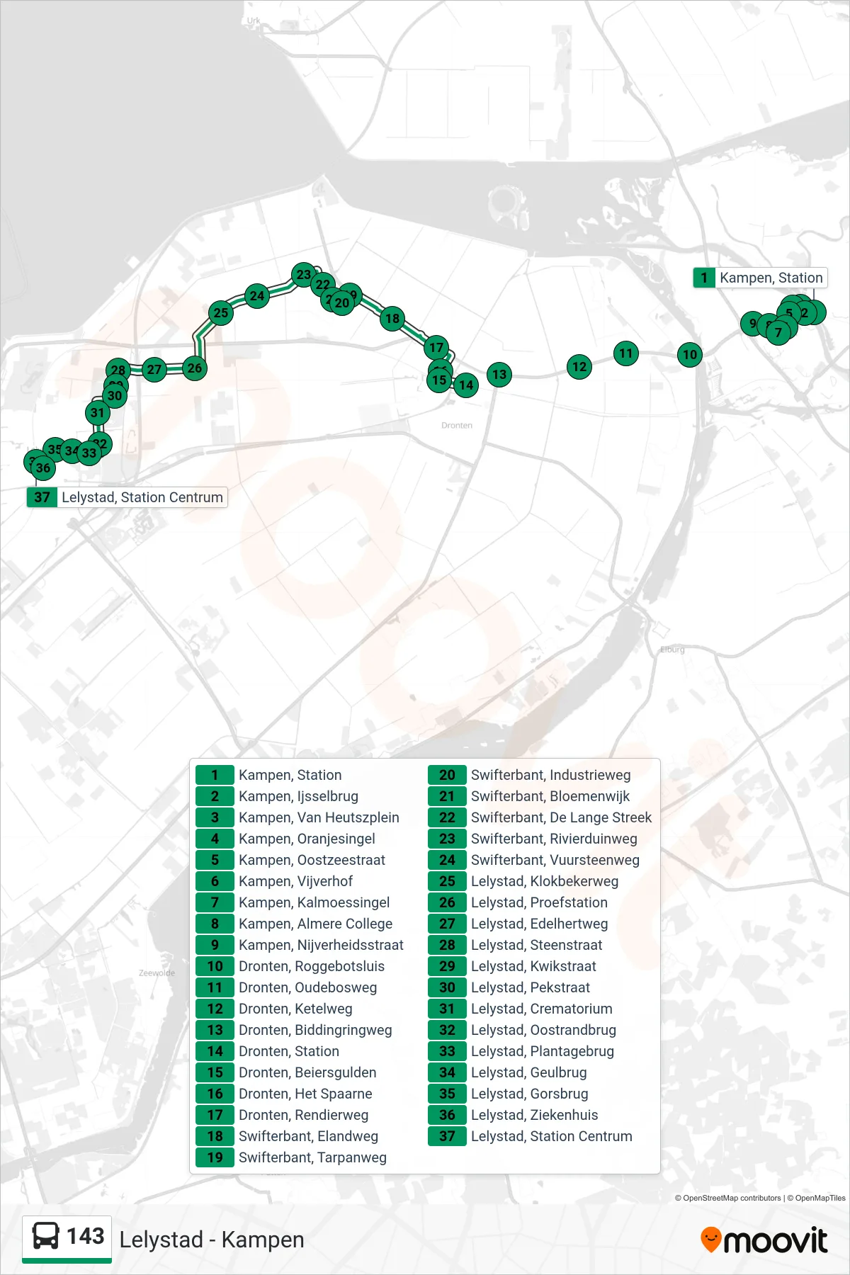 Lijn 143 (bus, Lelystad): route en haltes op de kaart