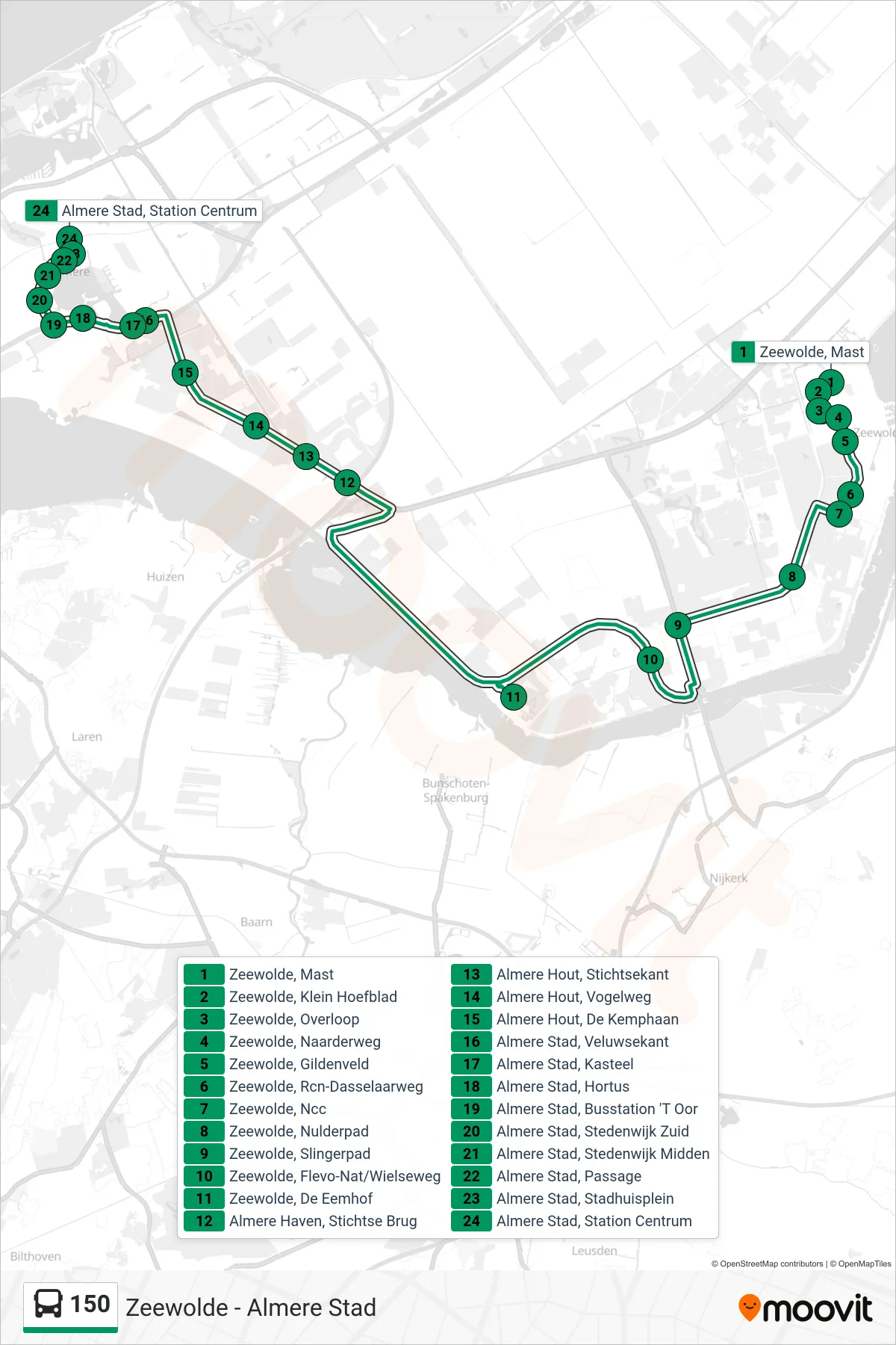 Lijn 150 (bus, Almere Stad): route en haltes op de kaart