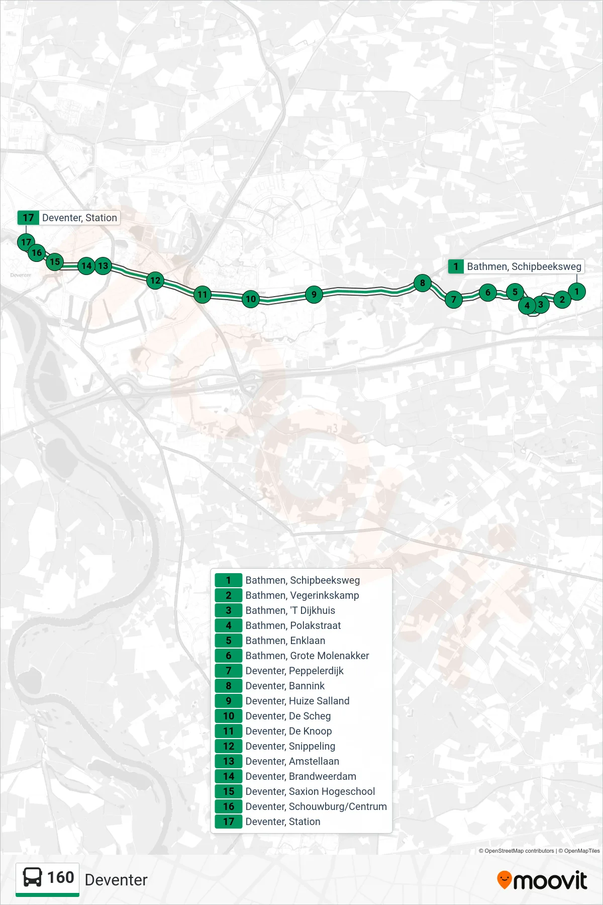 160 bus Line (Deventer) route and stops on a map
