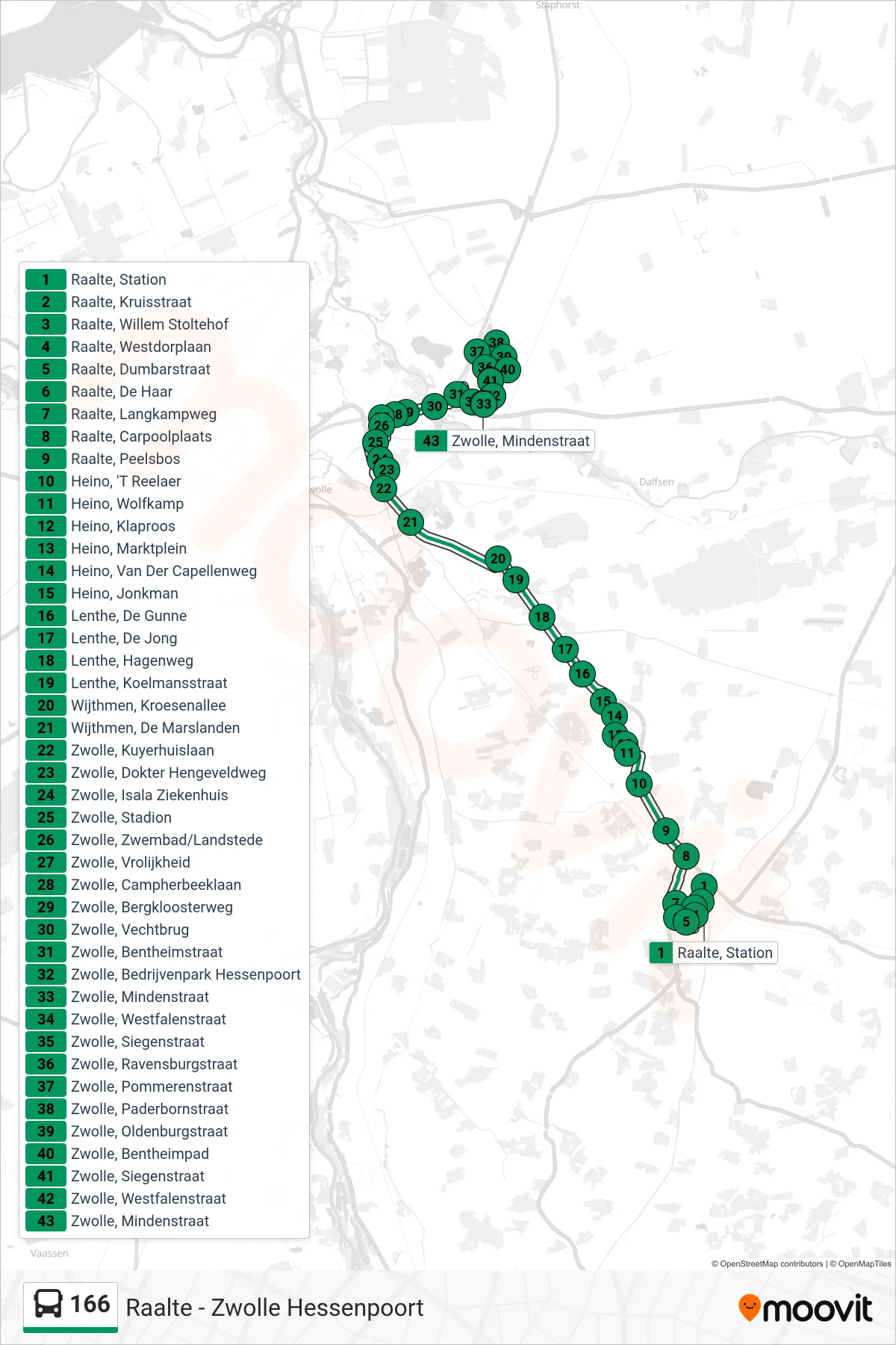 166 bus Line (Zwolle Hessenpoort) route and stops on a map
