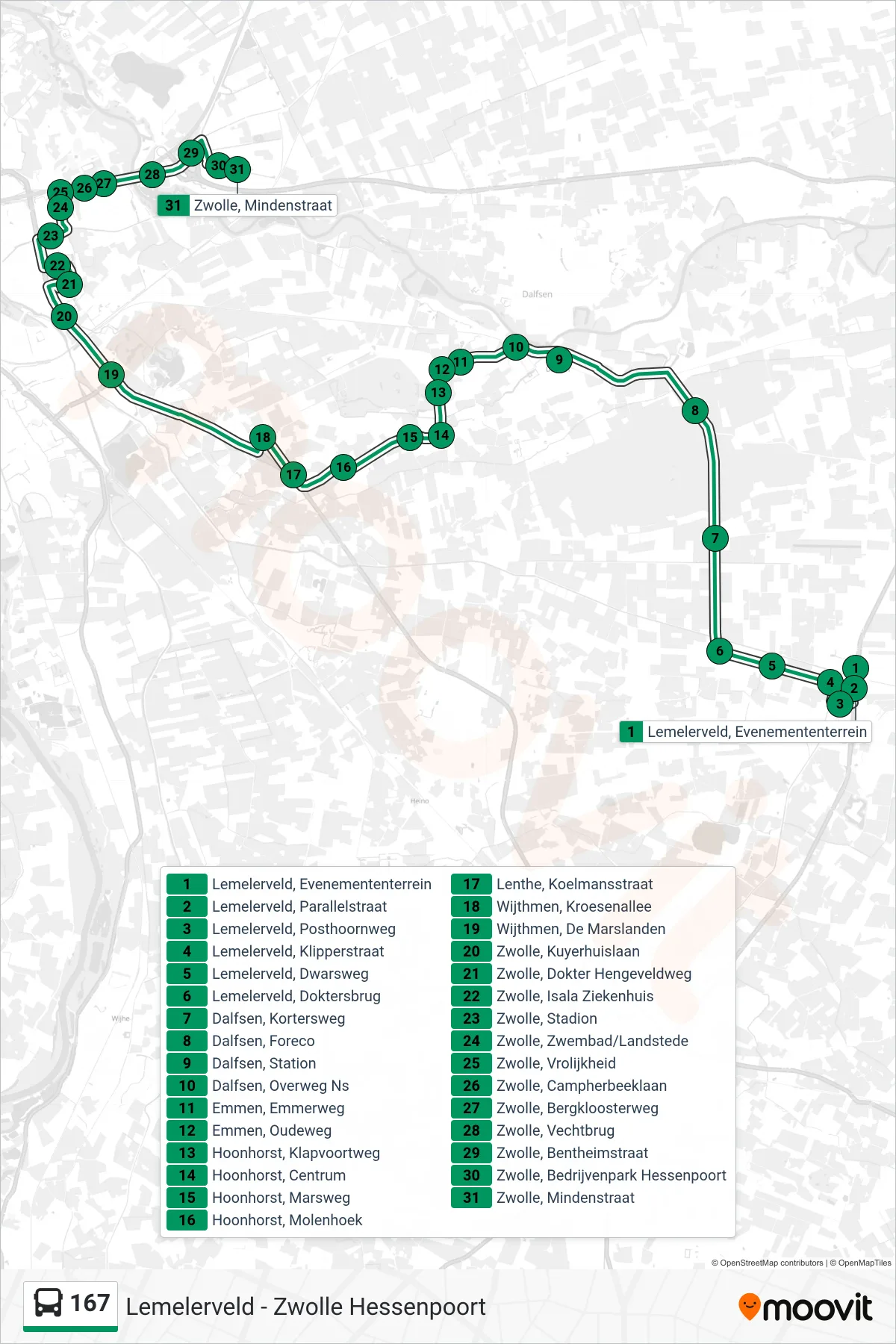 Lijn 167 (bus, Zwolle Hessenpoort): route en haltes op de kaart