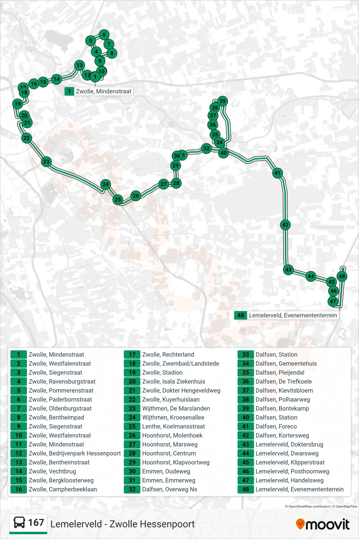 167 bus Line (Lemelerveld) route and stops on a map
