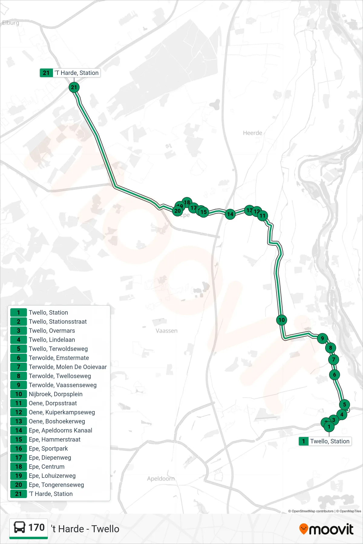 170 bus Line ('T Harde) route and stops on a map