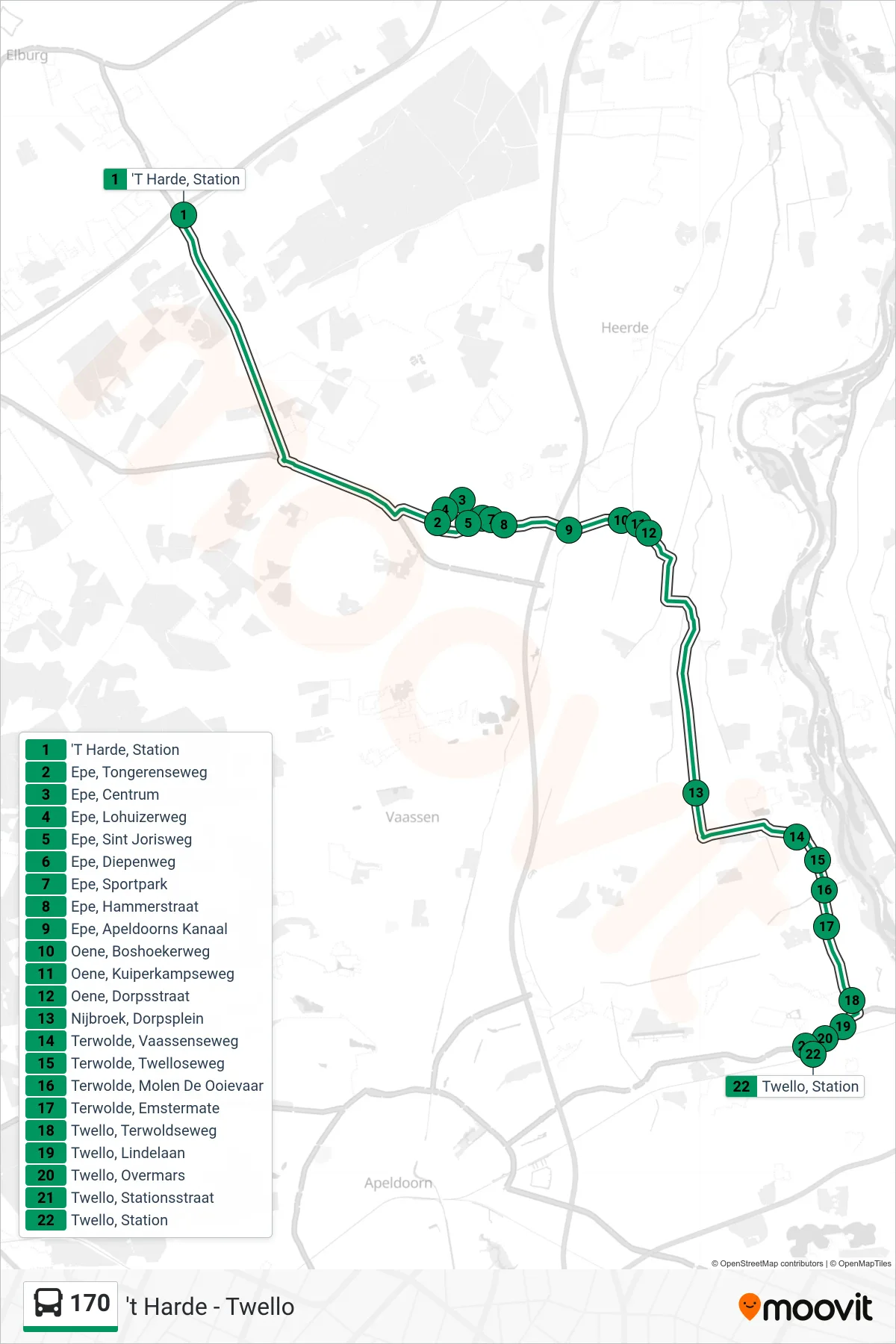 Lijn 170 (bus, Twello): route en haltes op de kaart