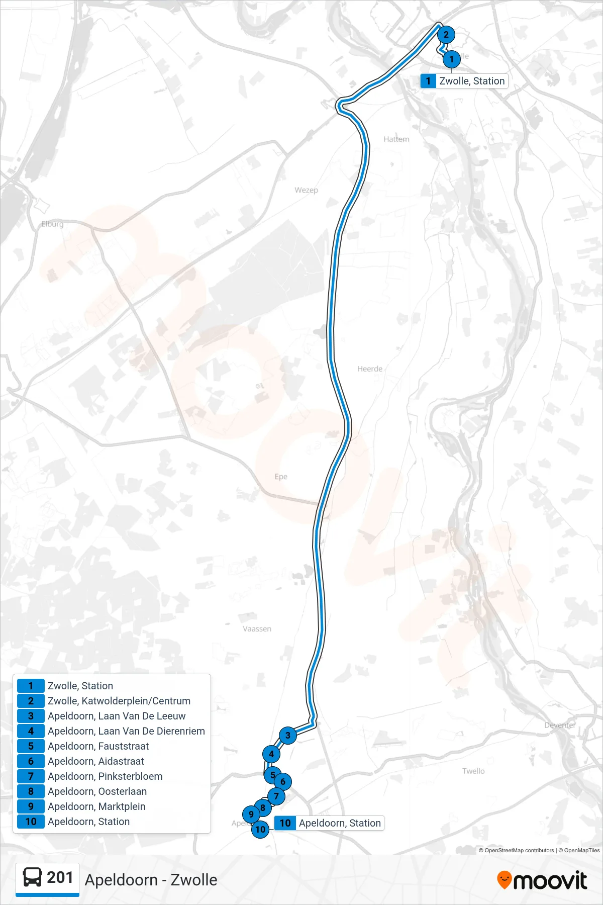 Lijn 201 (bus, Apeldoorn): route en haltes op de kaart