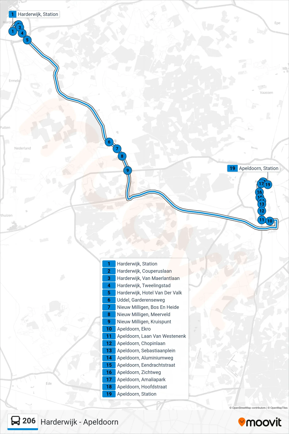 Lijn 206 (bus, Apeldoorn): route en haltes op de kaart