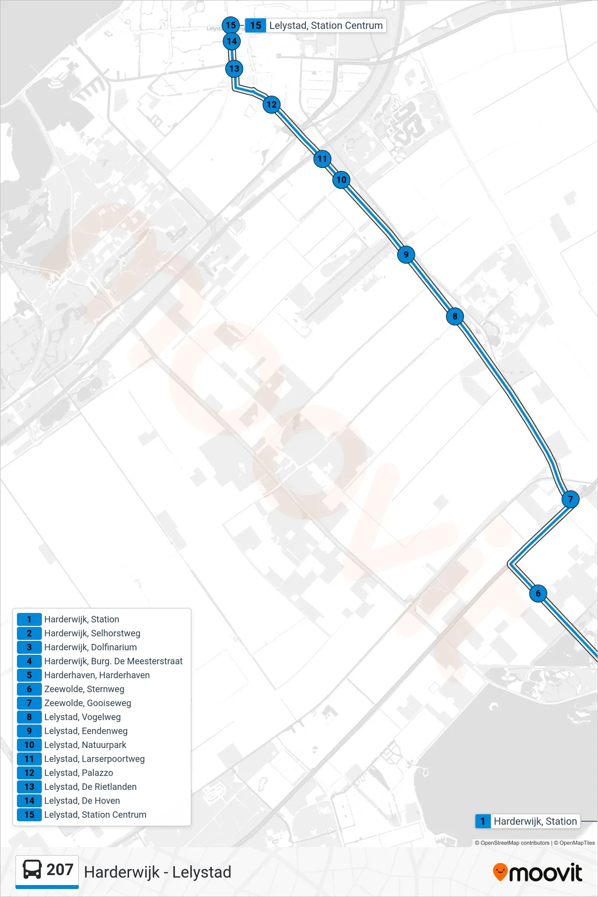 207 bus Line (Lelystad) route and stops on a map