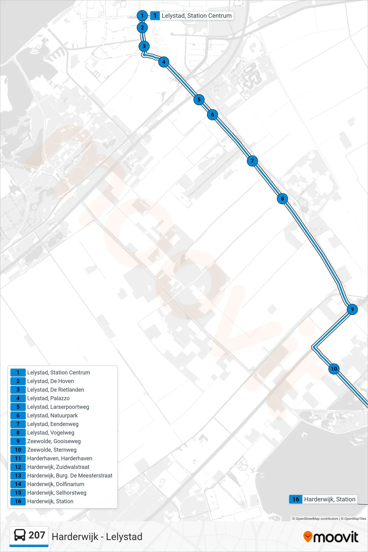 Lijn 207 (bus, Harderwijk): route en haltes op de kaart