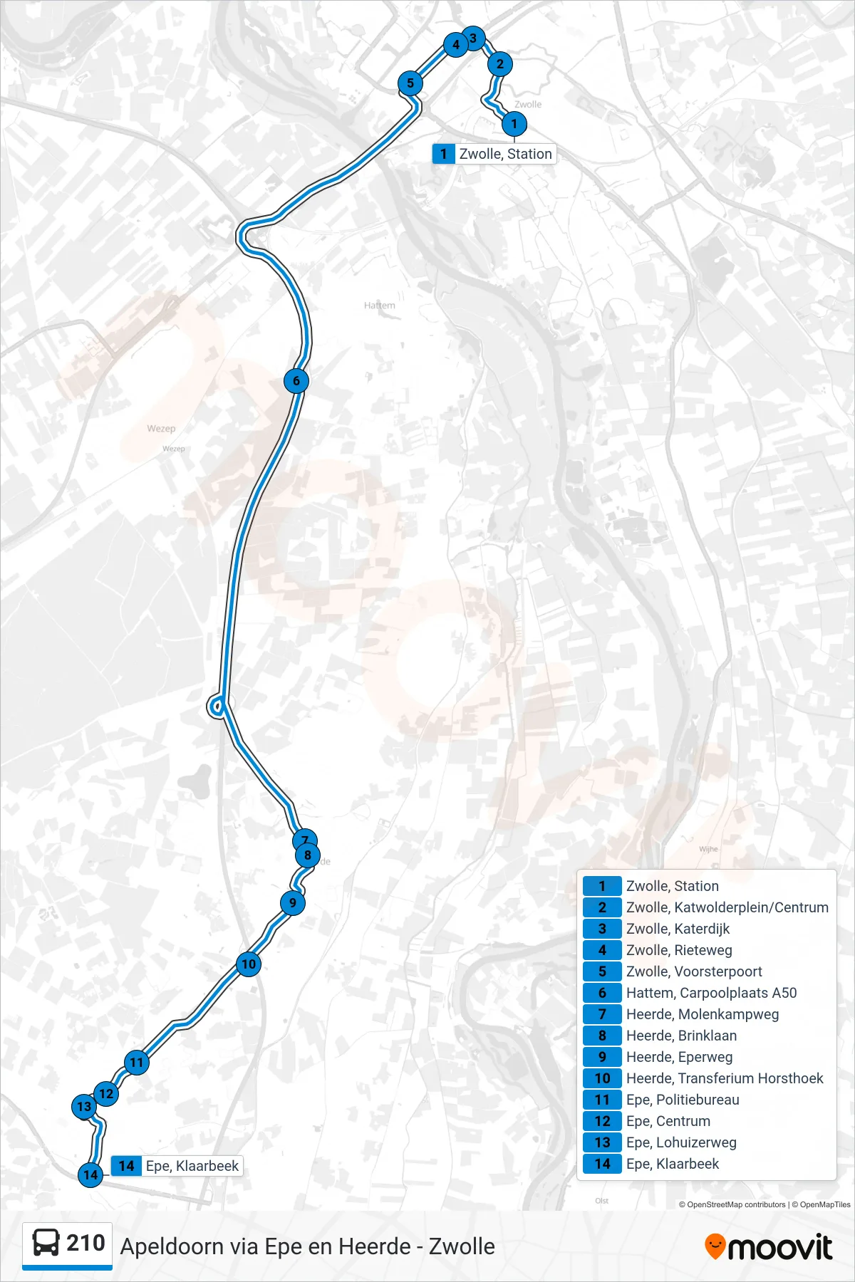 Lijn 210 (bus, Epe): route en haltes op de kaart