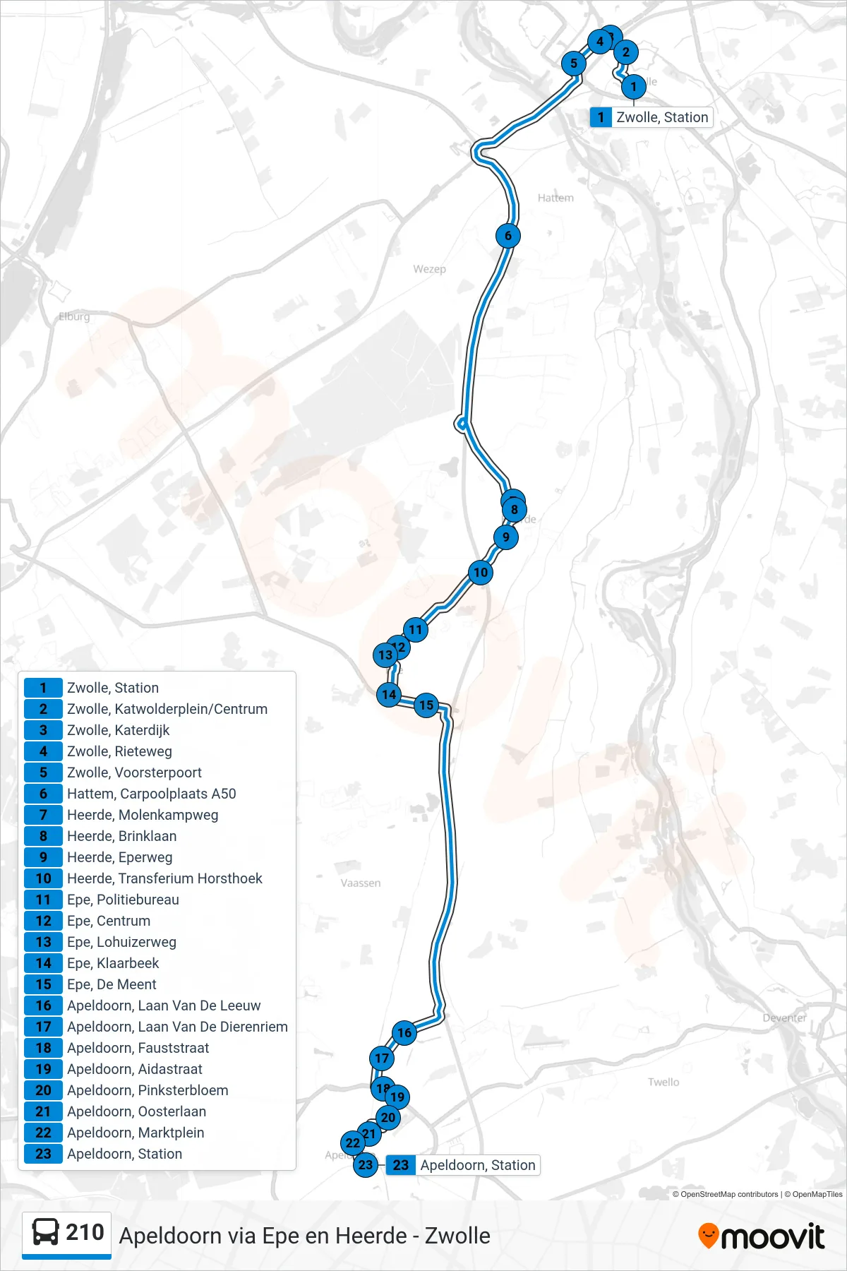 Lijn 210 (bus, Apeldoorn): route en haltes op de kaart