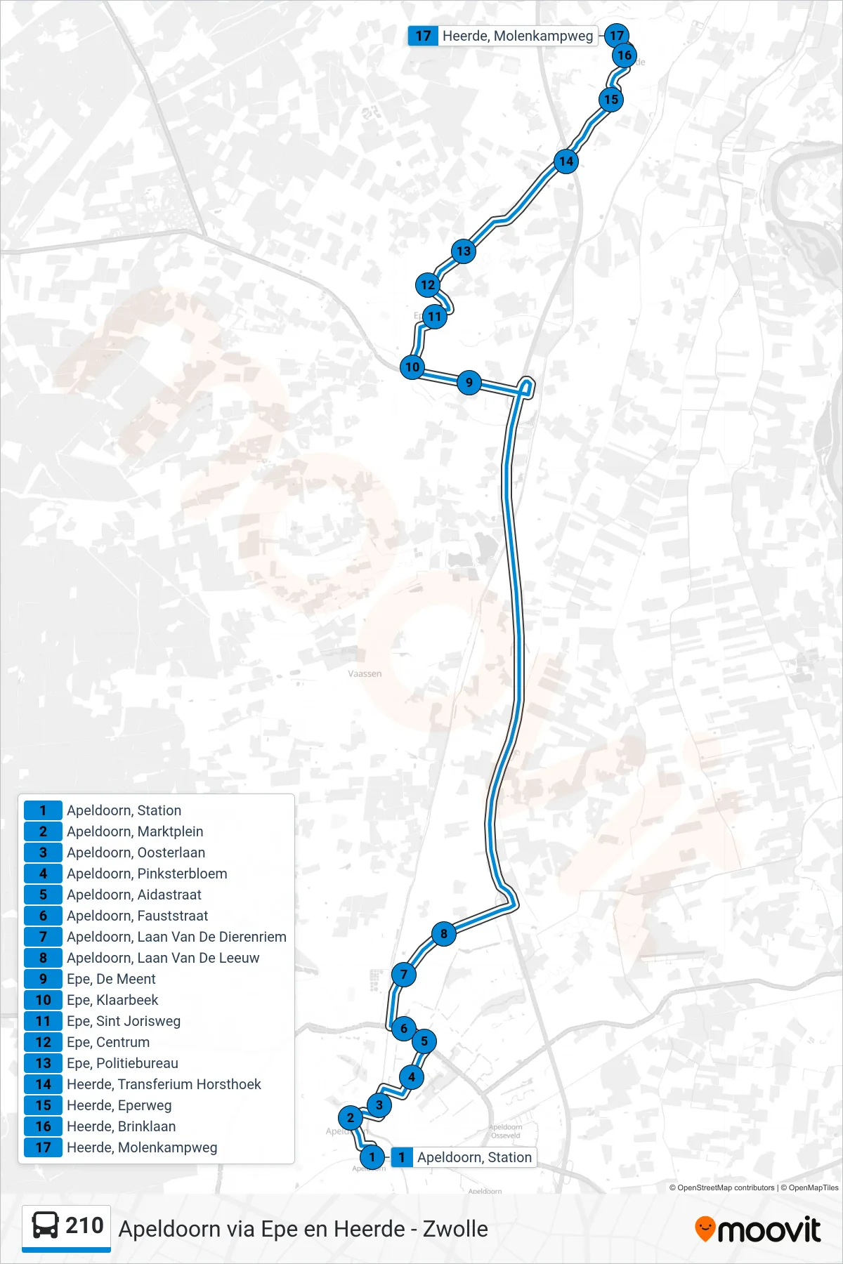 210 bus Line (Heerde) route and stops on a map
