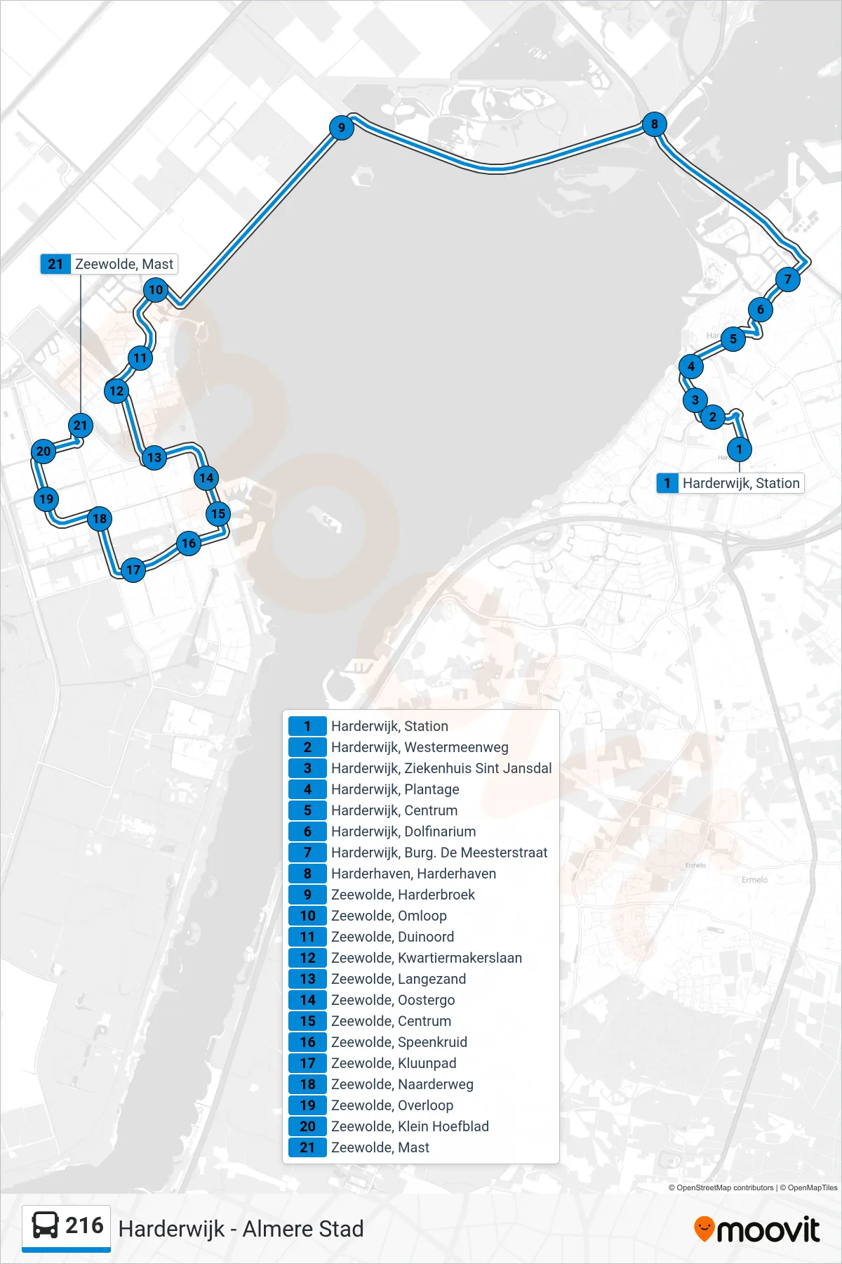 Lijn 216 (bus, Zeewolde): route en haltes op de kaart