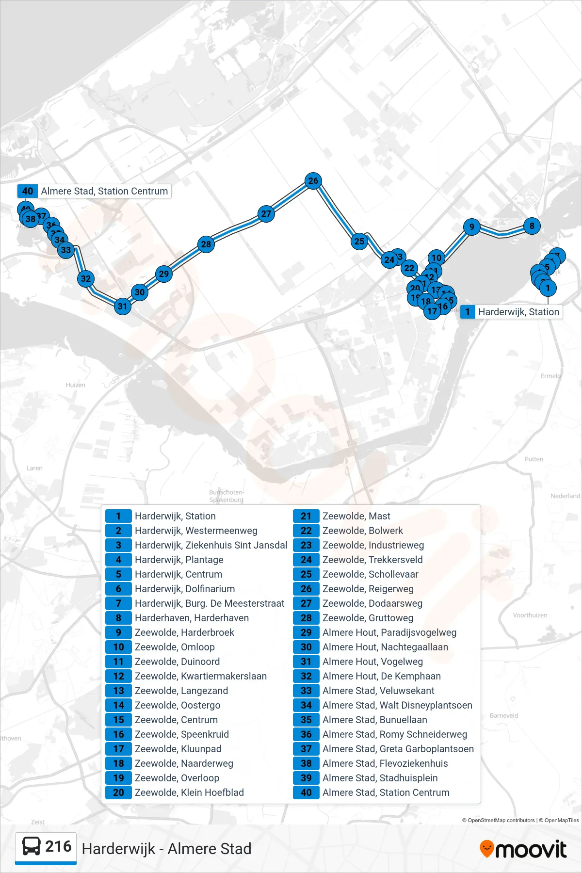 216 bus Line (Almere Stad) route and stops on a map