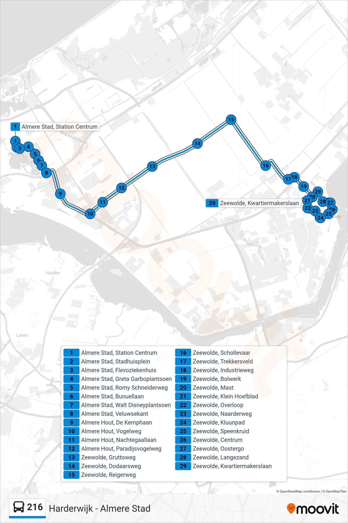 Lijn 216 (bus, Zeewolde): route en haltes op de kaart