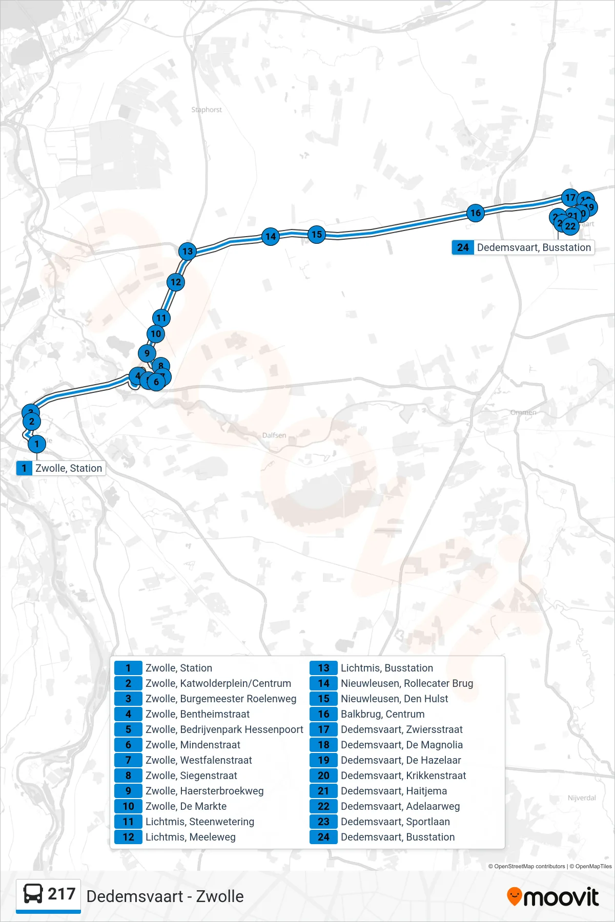 Lijn 217 (bus, Dedemsvaart): route en haltes op de kaart