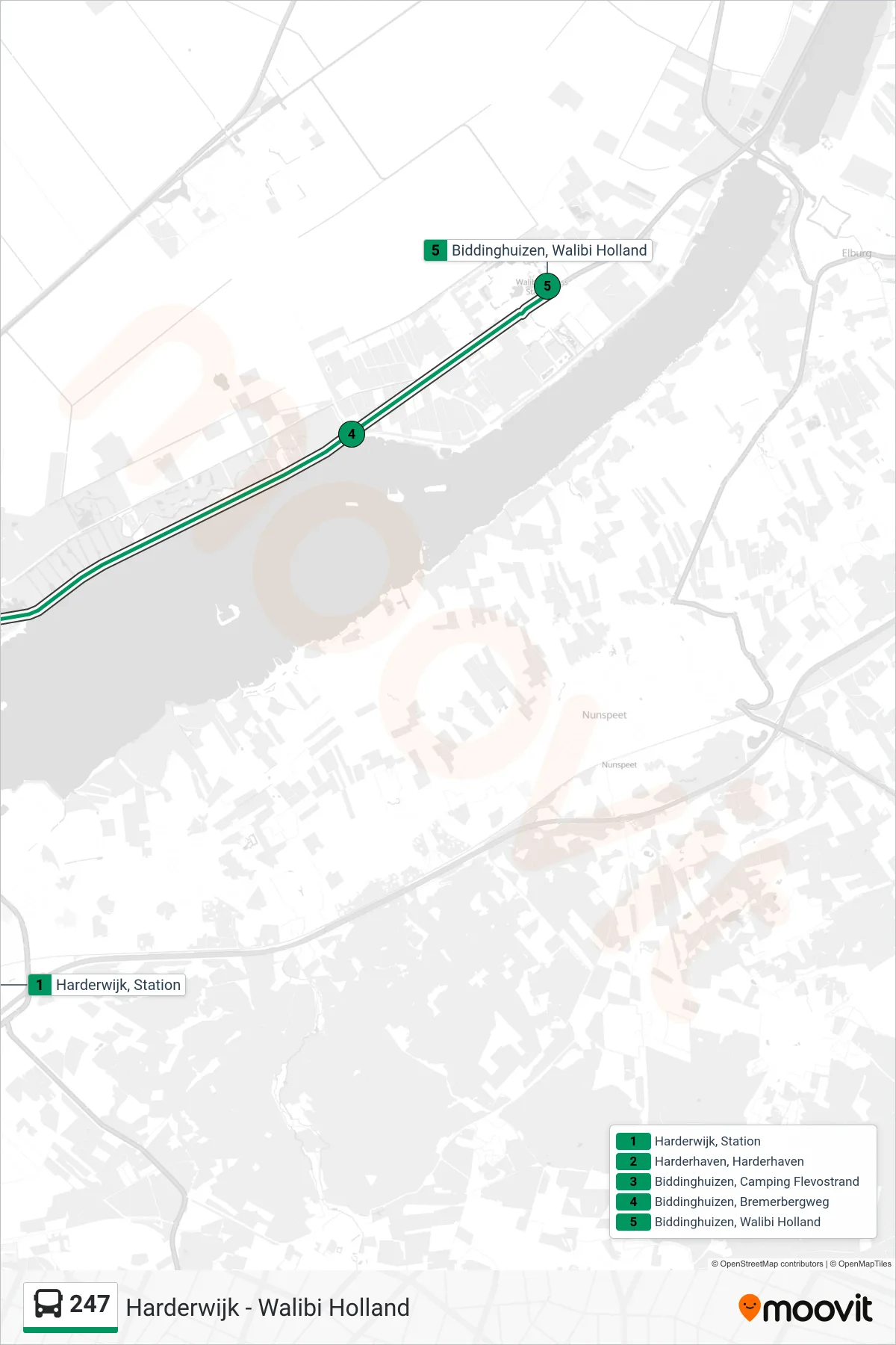Lijn 247 (bus, Walibi Holland): route en haltes op de kaart