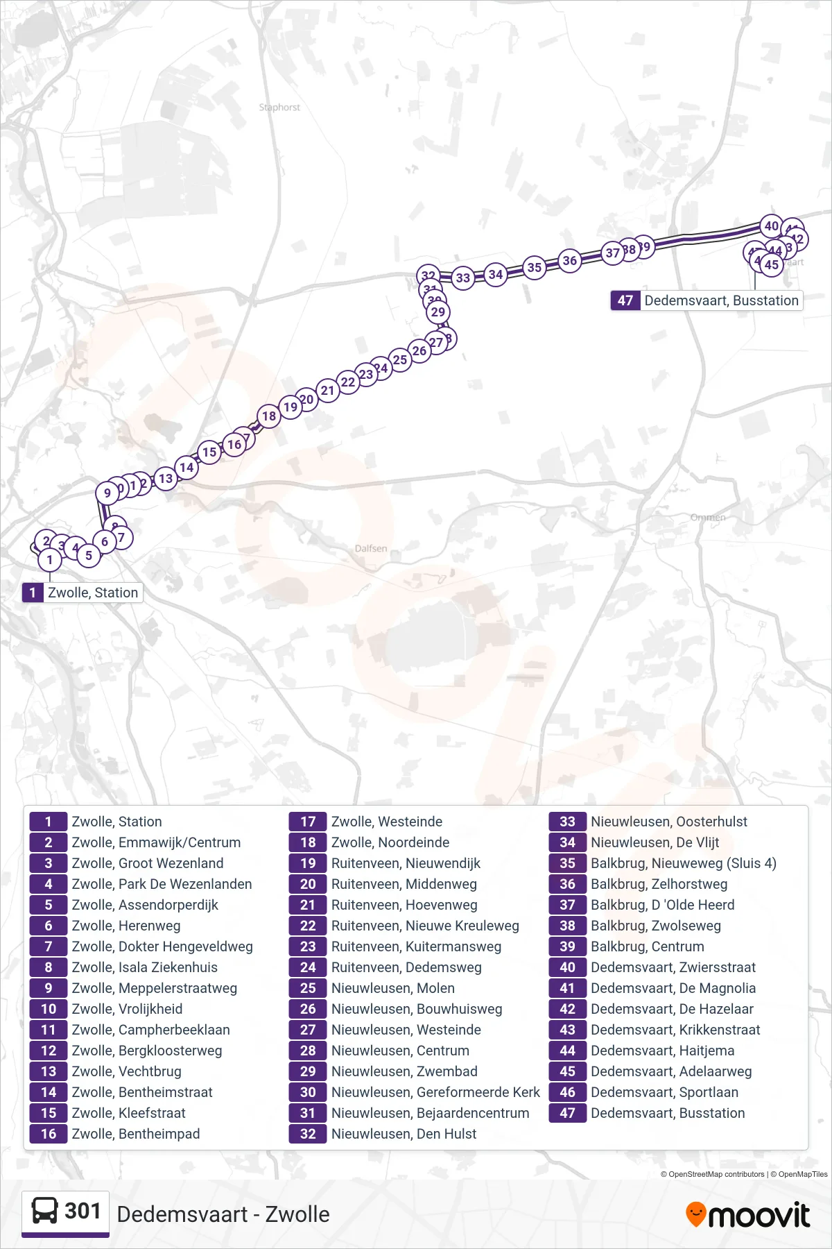 Lijn 301 (bus, Dedemsvaart): route en haltes op de kaart