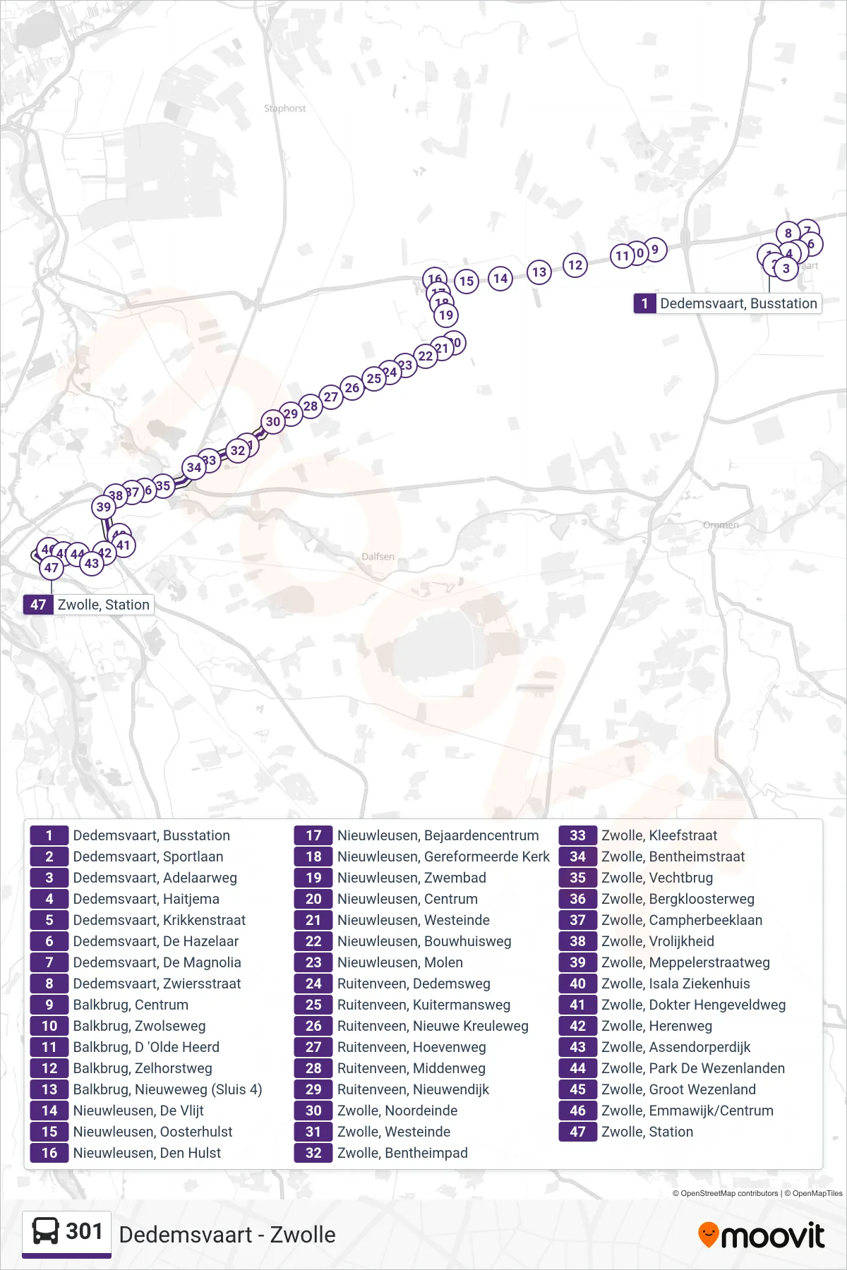 301 bus Line (Zwolle) route and stops on a map