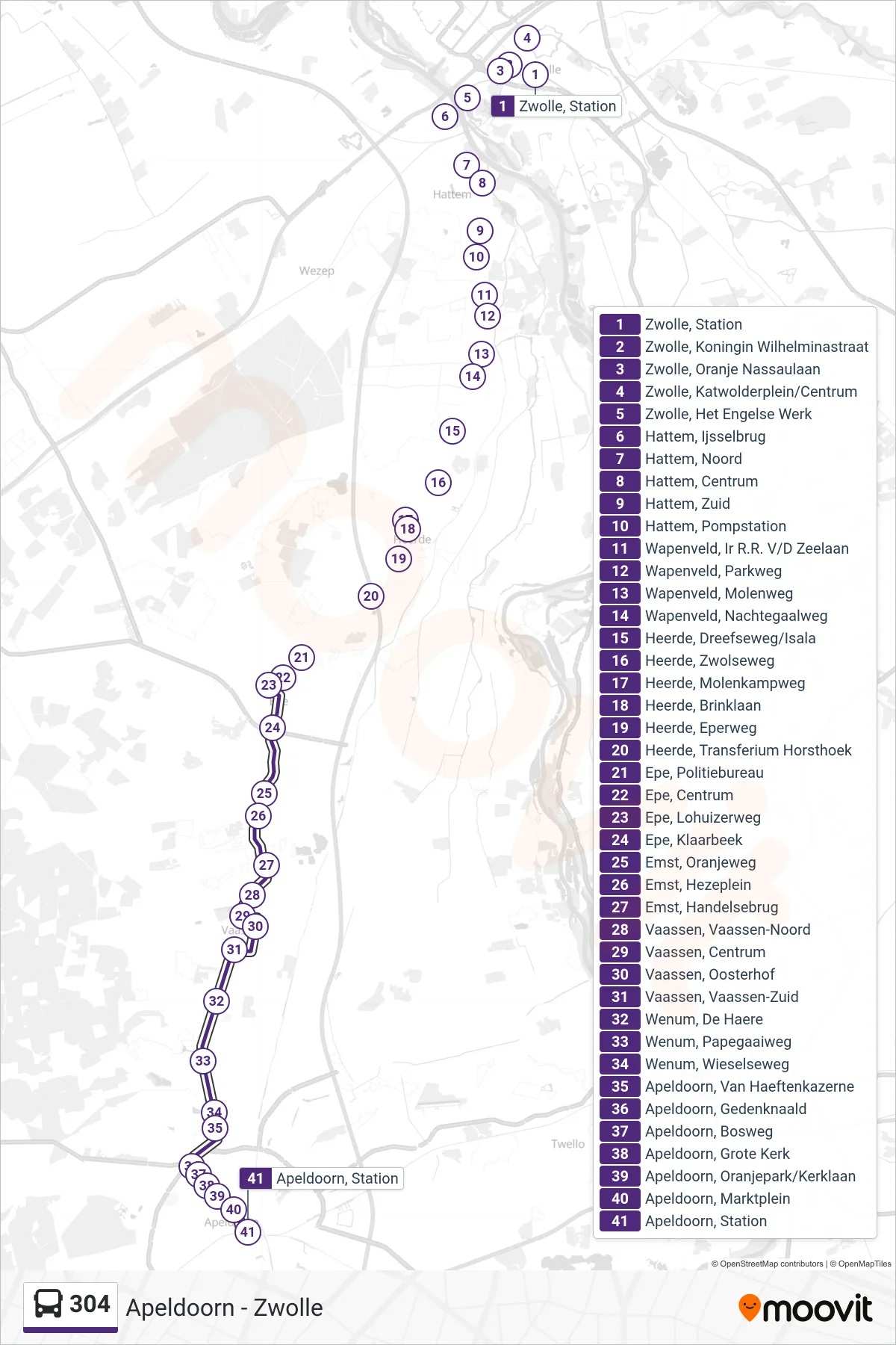 Lijn 304 (bus, Apeldoorn): route en haltes op de kaart