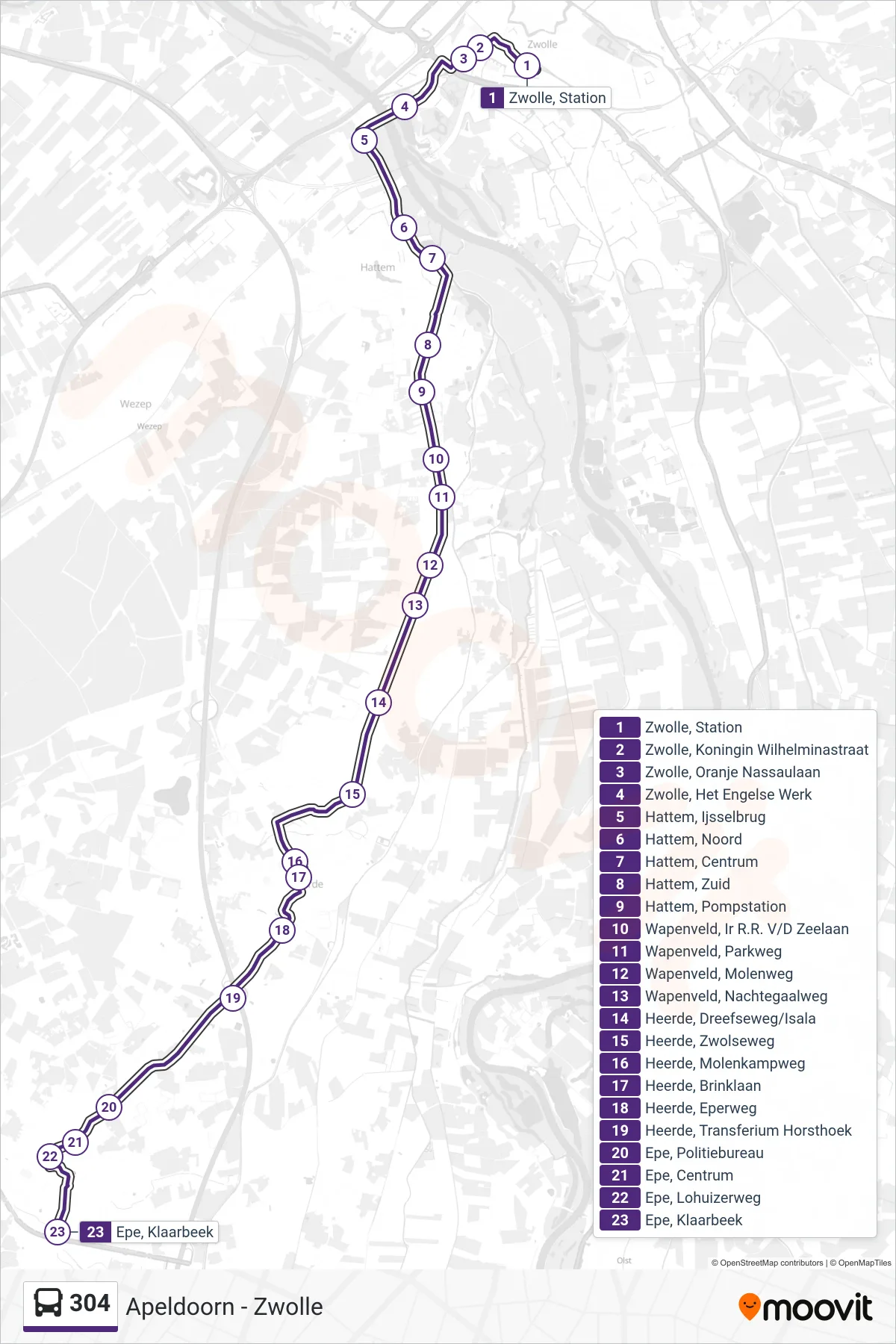304 bus Line (Epe) route and stops on a map
