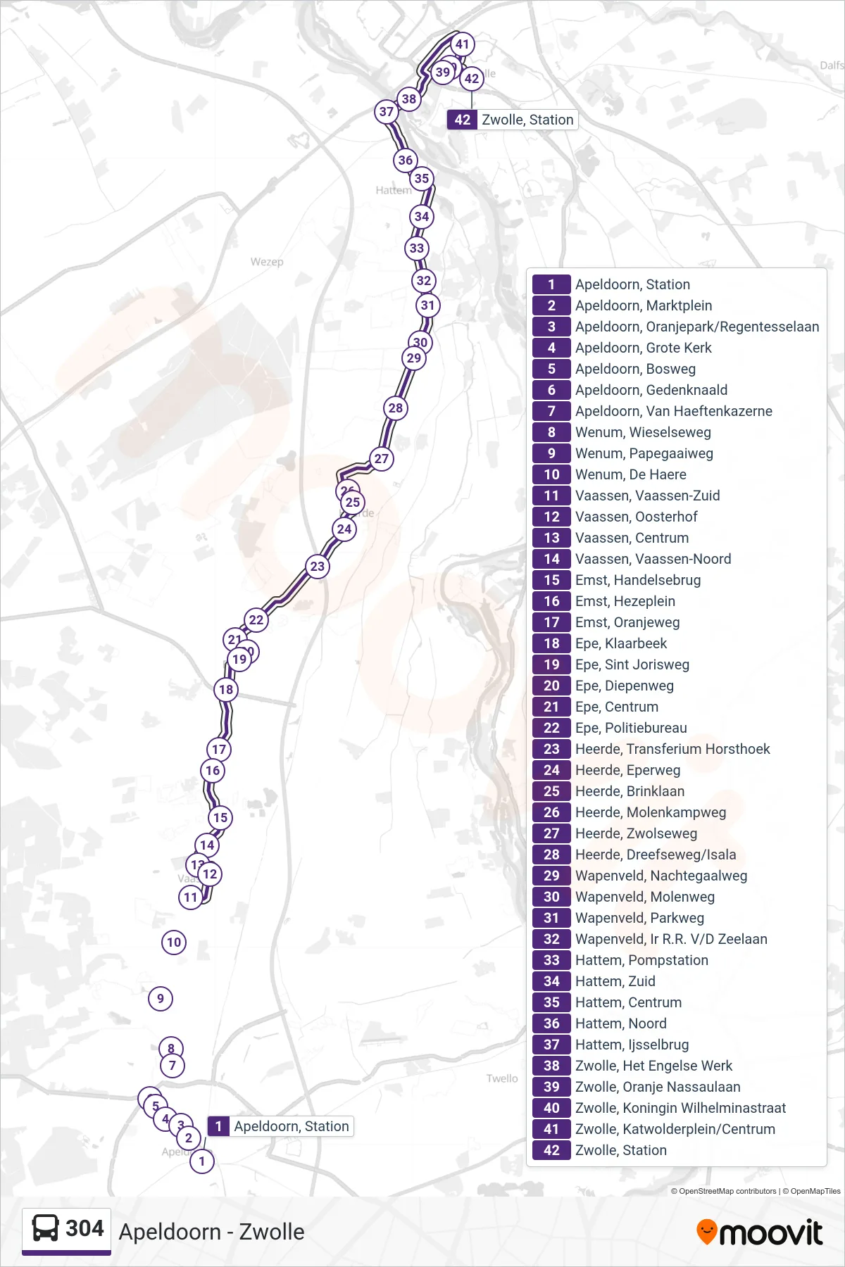 Lijn 304 (bus, Zwolle): route en haltes op de kaart