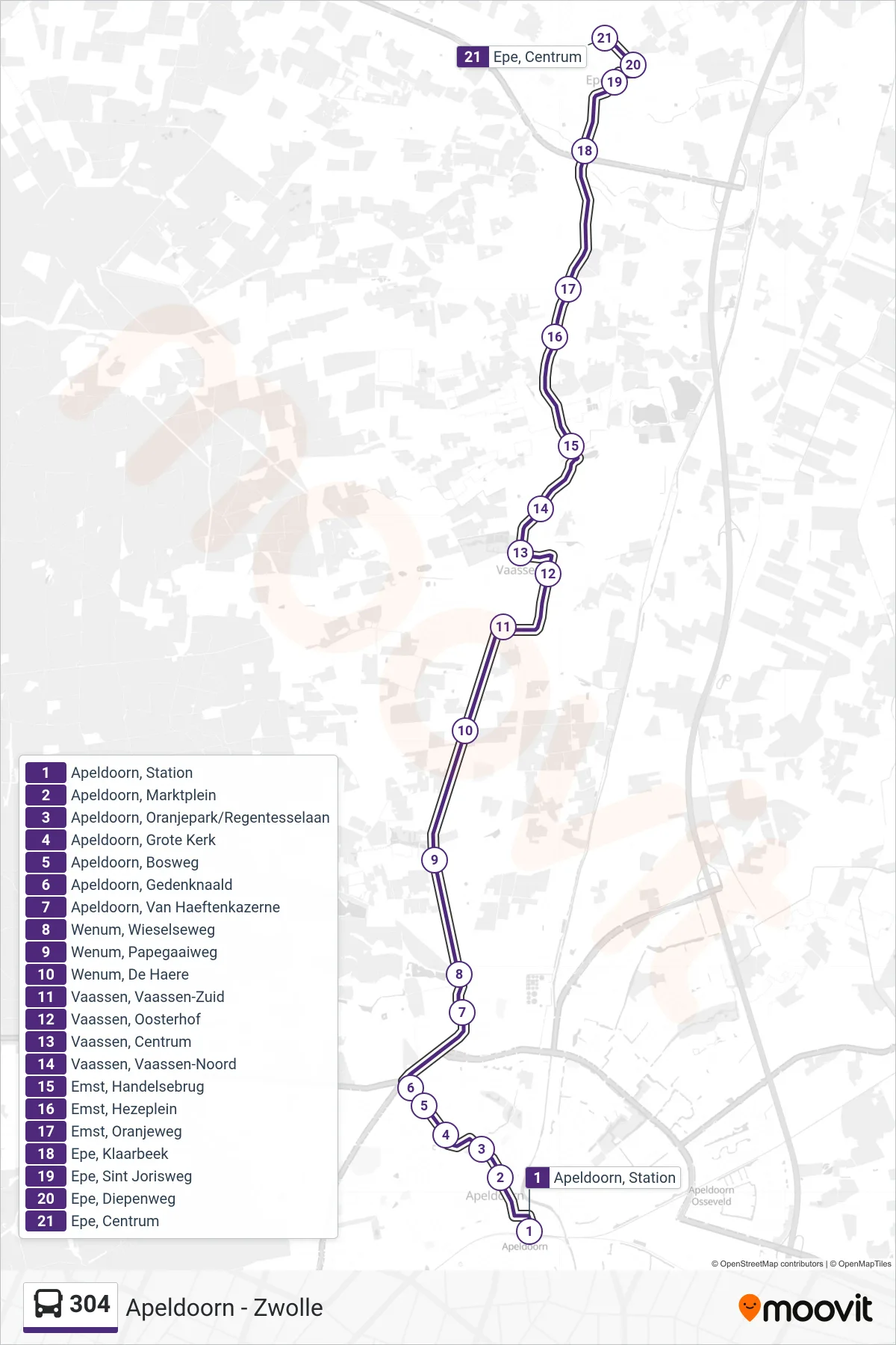 Lijn 304 (bus, Epe): route en haltes op de kaart