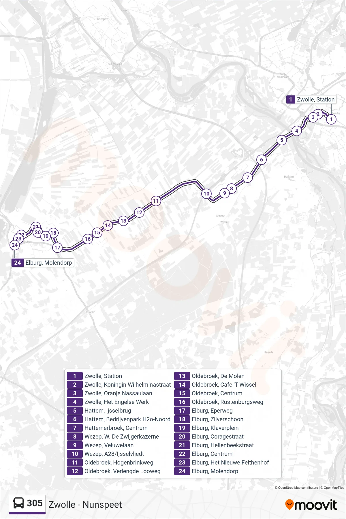 Lijn 305 (bus, Elburg): route en haltes op de kaart