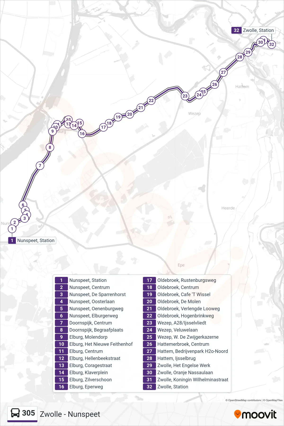 Lijn 305 (bus, Zwolle): route en haltes op de kaart