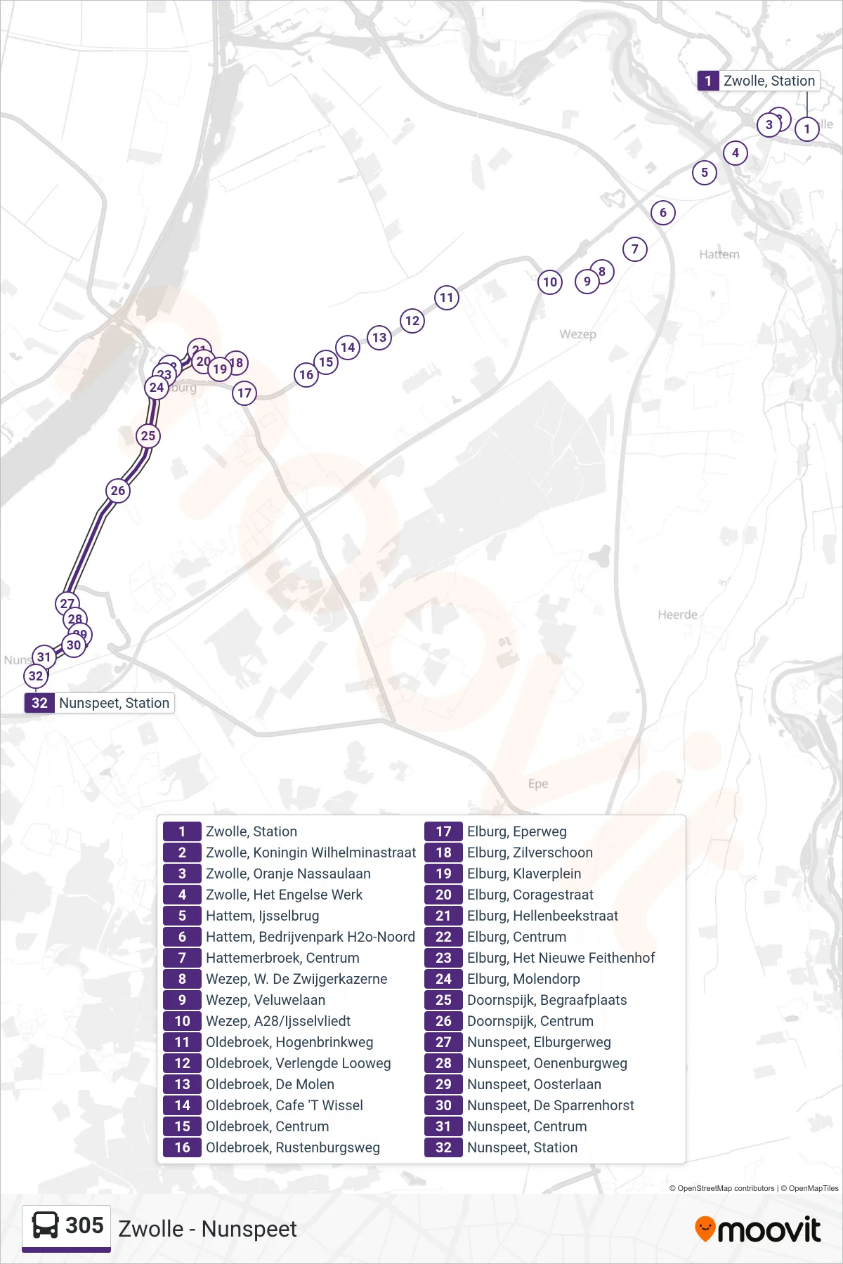 Lijn 305 (bus, Nunspeet): route en haltes op de kaart