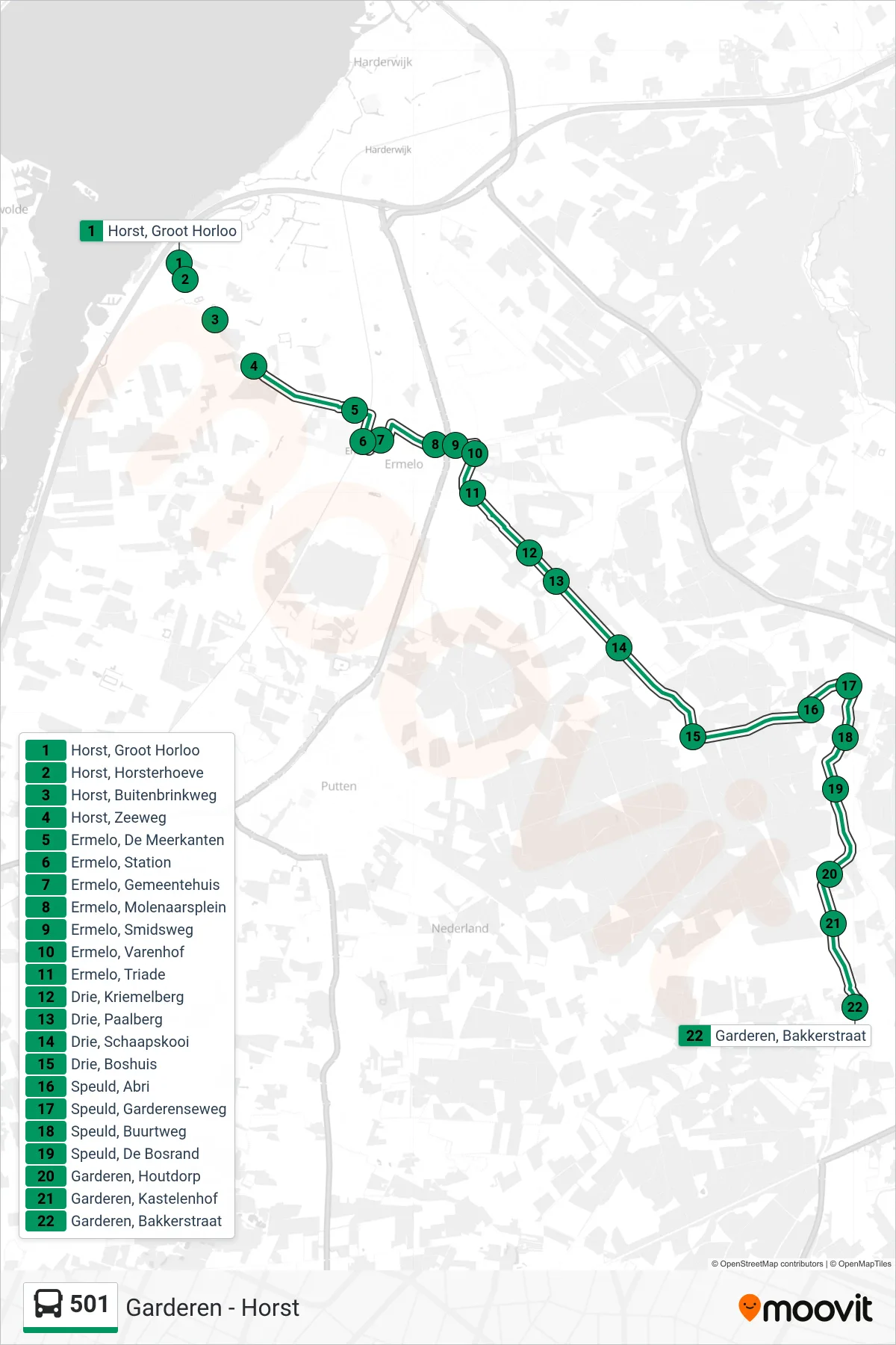 Lijn 501 (bus, Garderen): route en haltes op de kaart