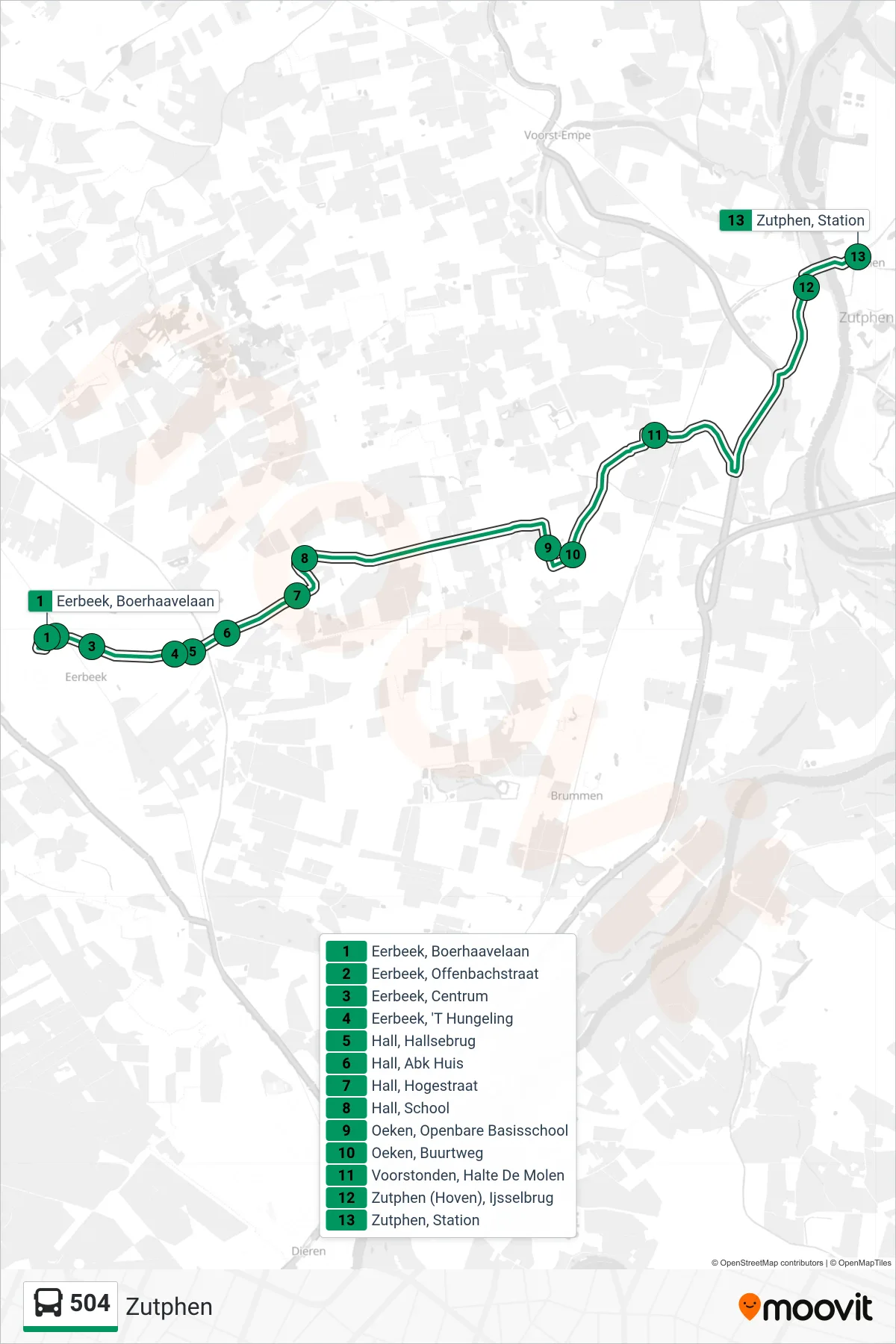 Lijn 504 (bus, Zutphen): route en haltes op de kaart