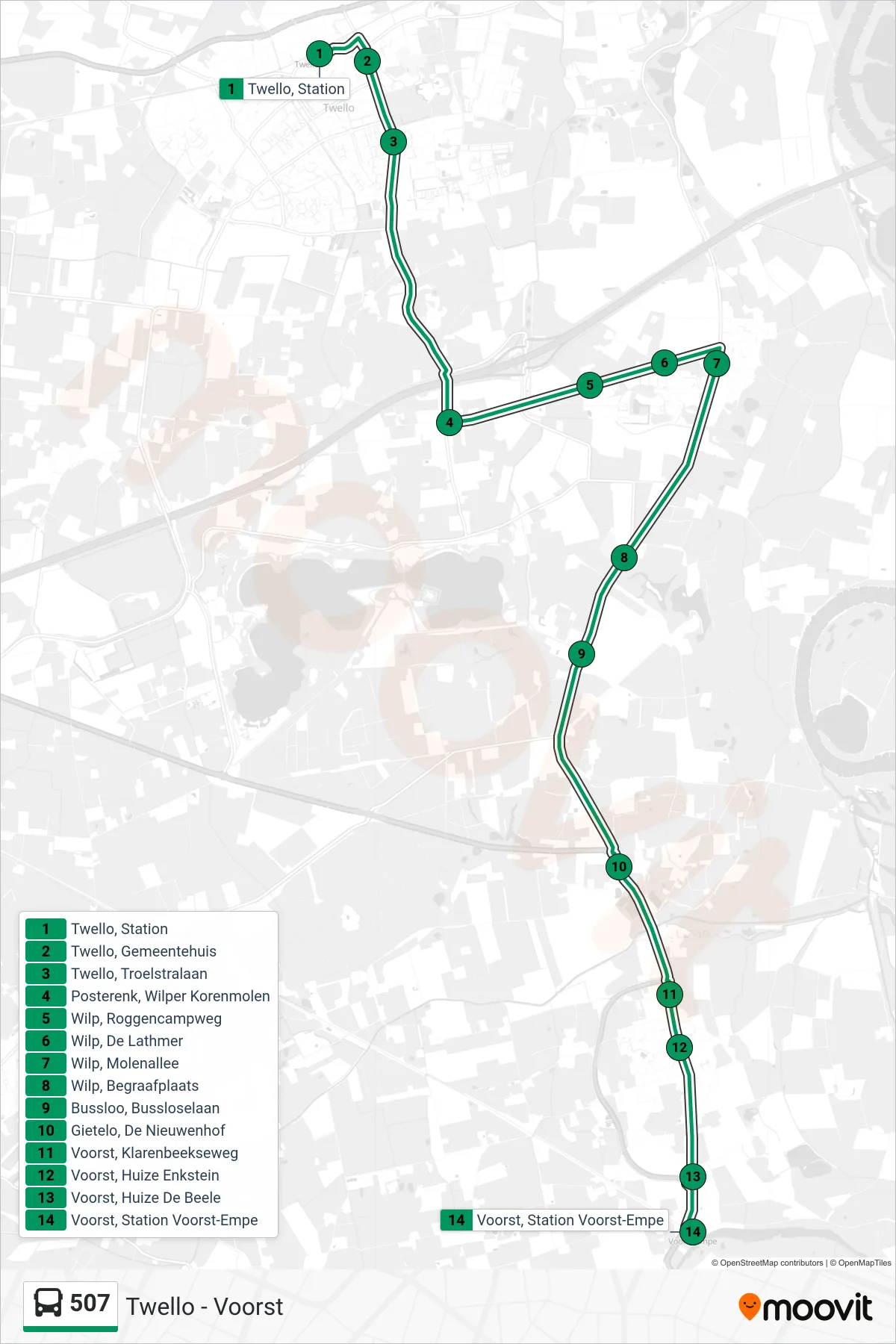 507 bus Line (Voorst) route and stops on a map