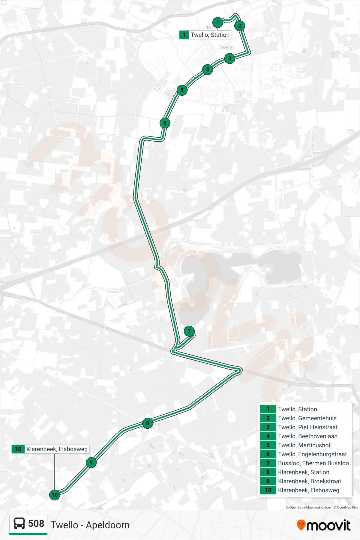 Lijn 508 (bus, Klarenbeek): route en haltes op de kaart