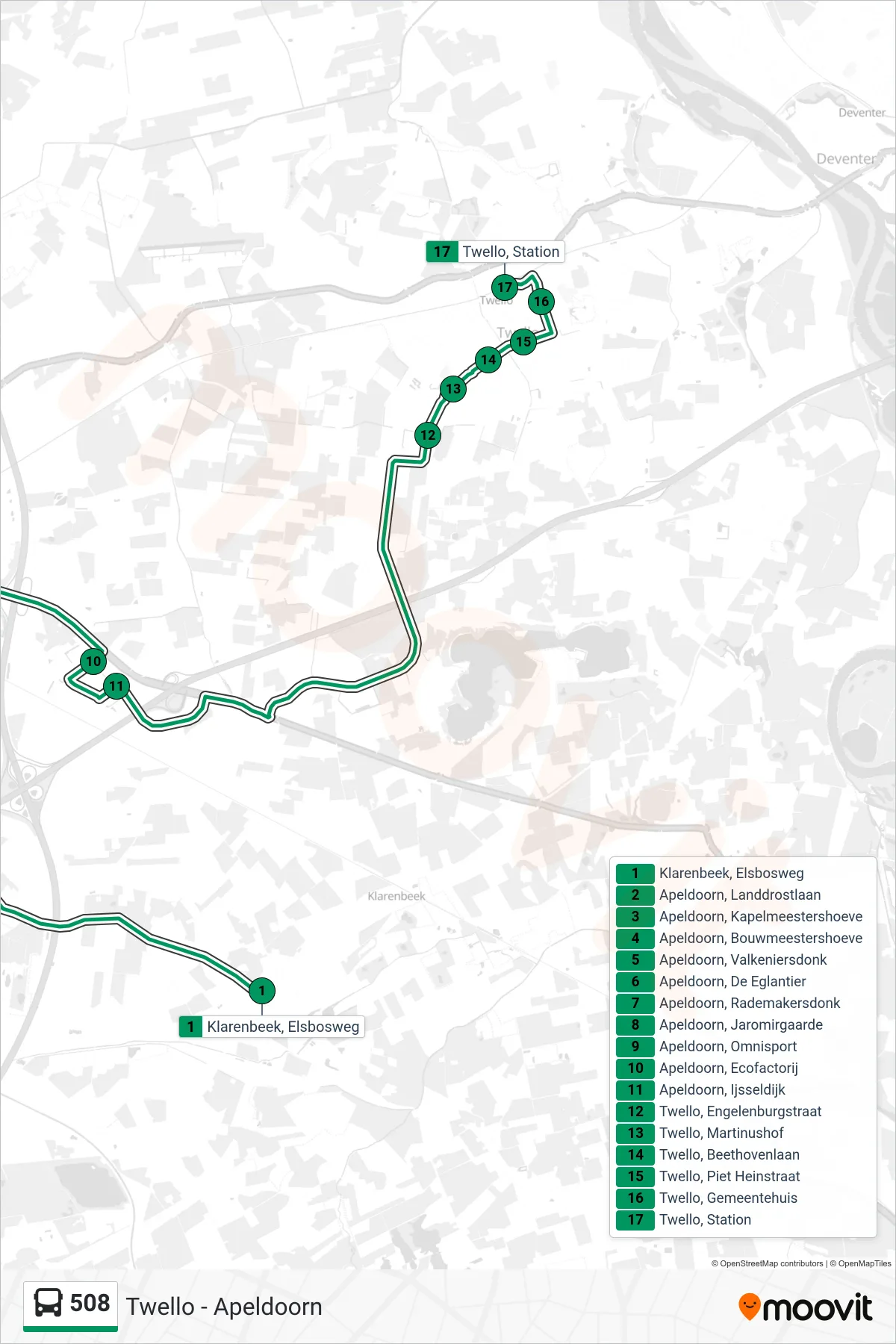 Lijn 508 (bus, Twello): route en haltes op de kaart