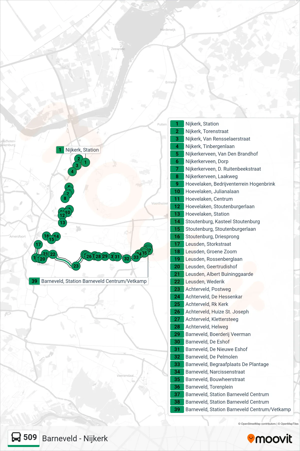 Lijn 509 (bus, Barneveld): route en haltes op de kaart