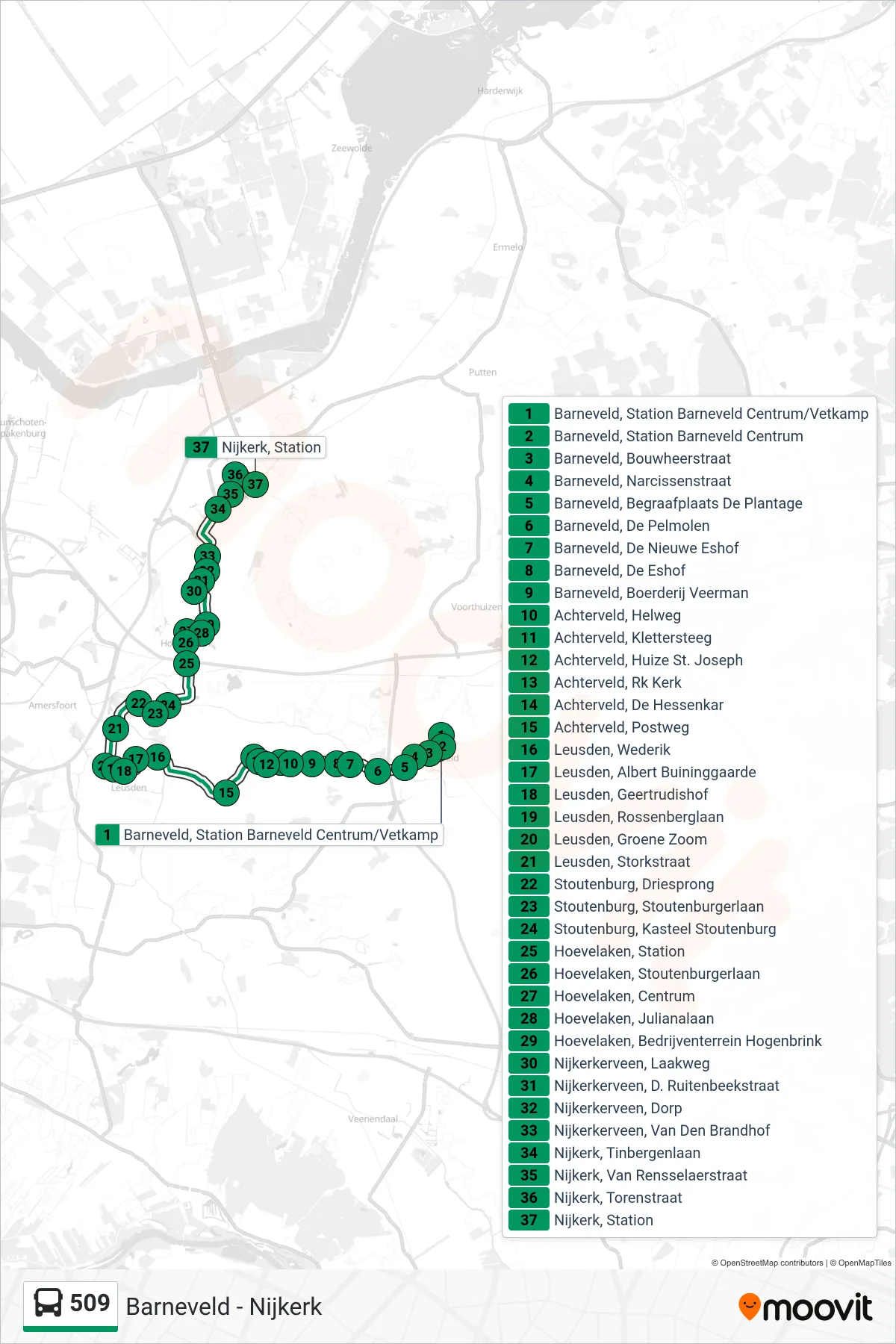Lijn 509 (bus, Nijkerk): route en haltes op de kaart