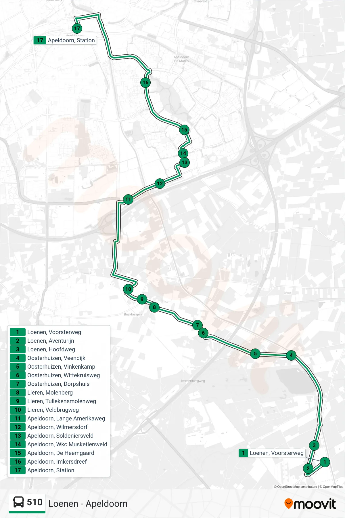 Lijn 510 (bus, Apeldoorn): route en haltes op de kaart