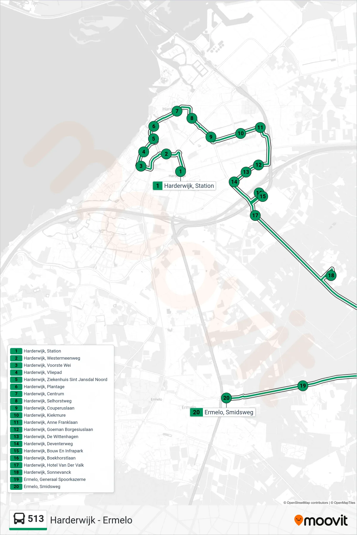 Lijn 513 (bus, Ermelo): route en haltes op de kaart