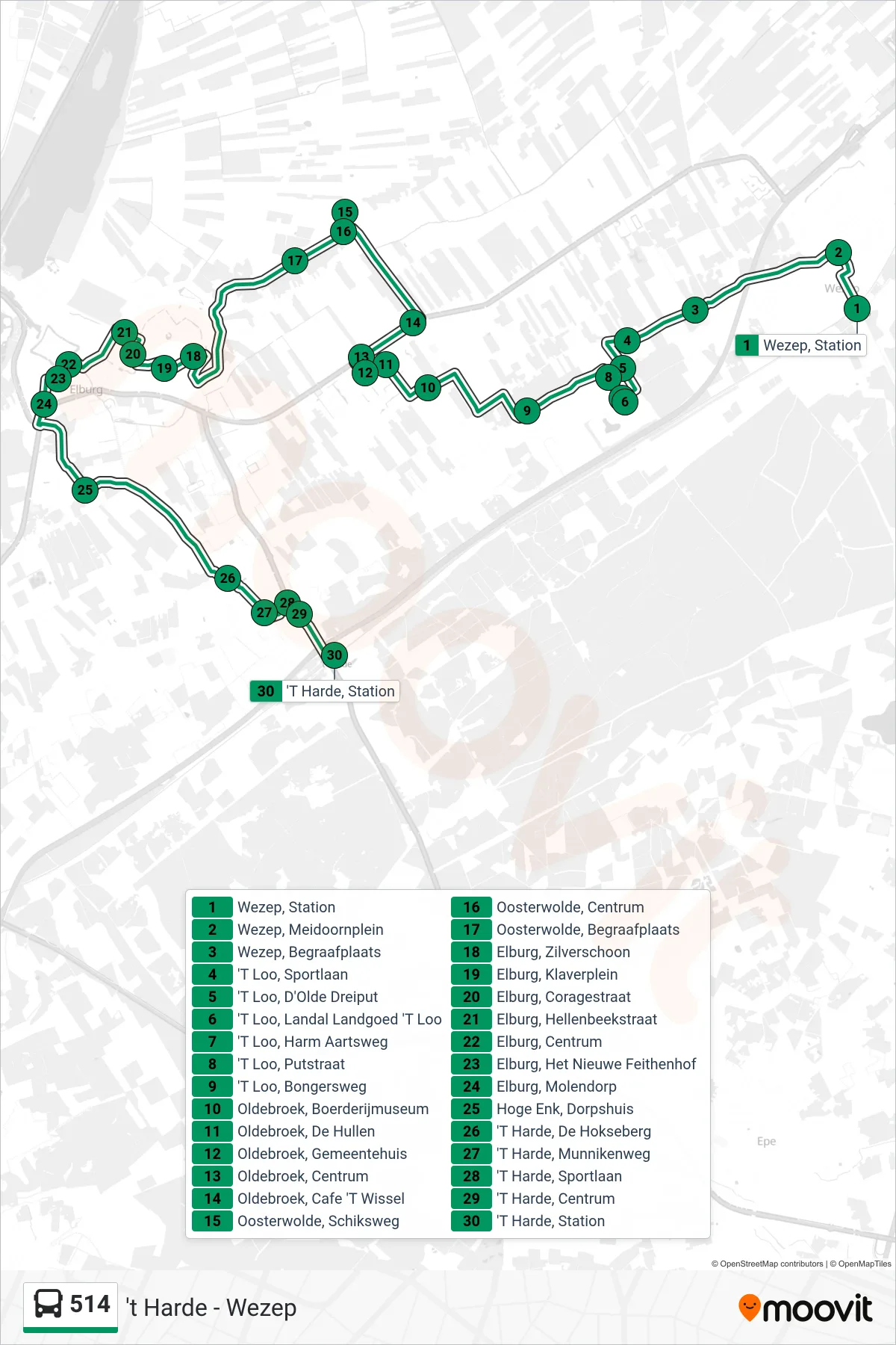 Lijn 514 (bus, 'T Harde): route en haltes op de kaart
