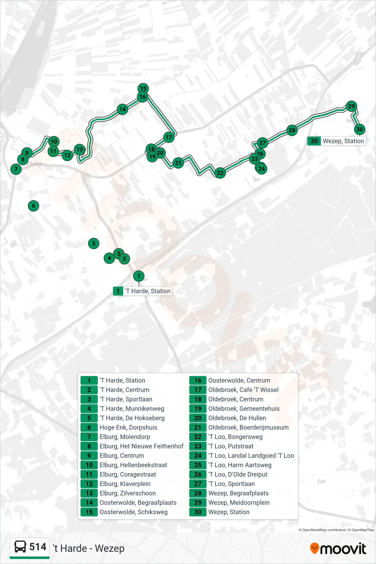 Lijn 514 (bus, Wezep): route en haltes op de kaart