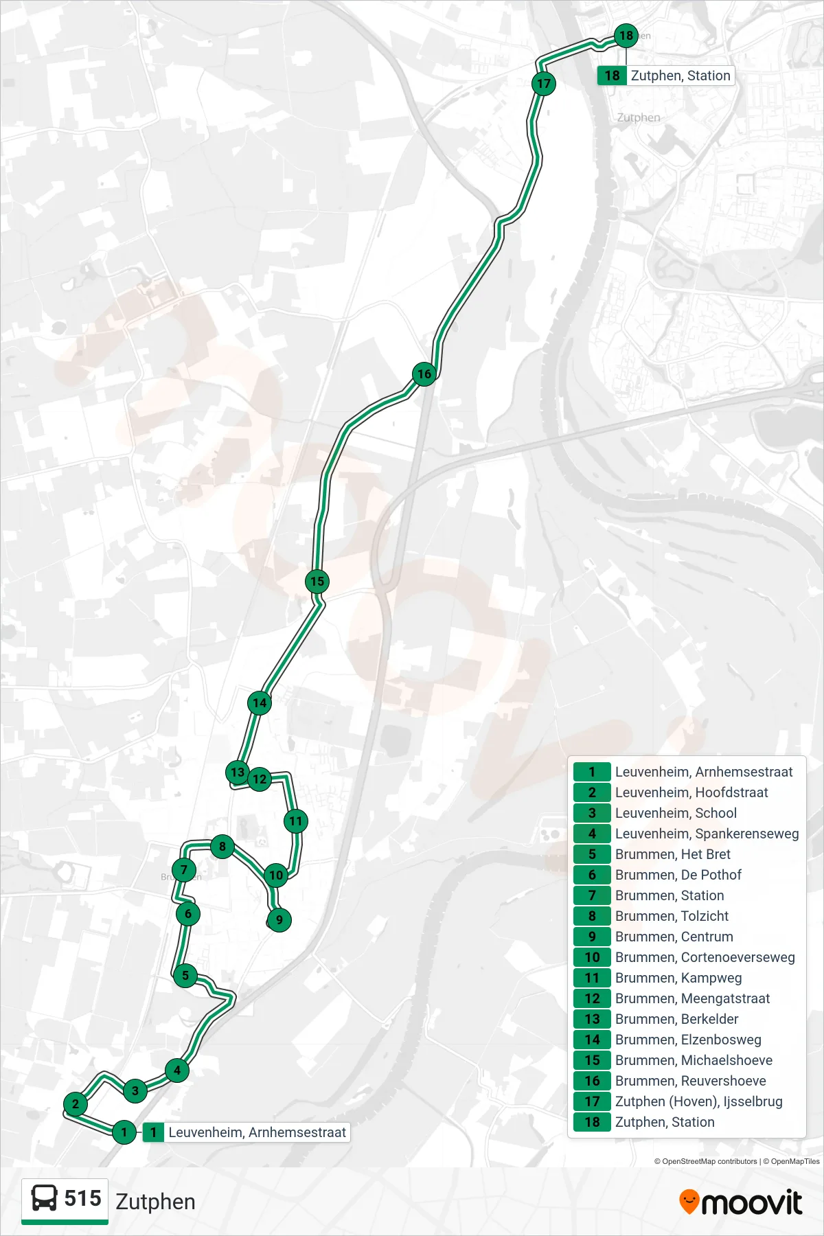 Lijn 515 (bus, Zutphen): route en haltes op de kaart