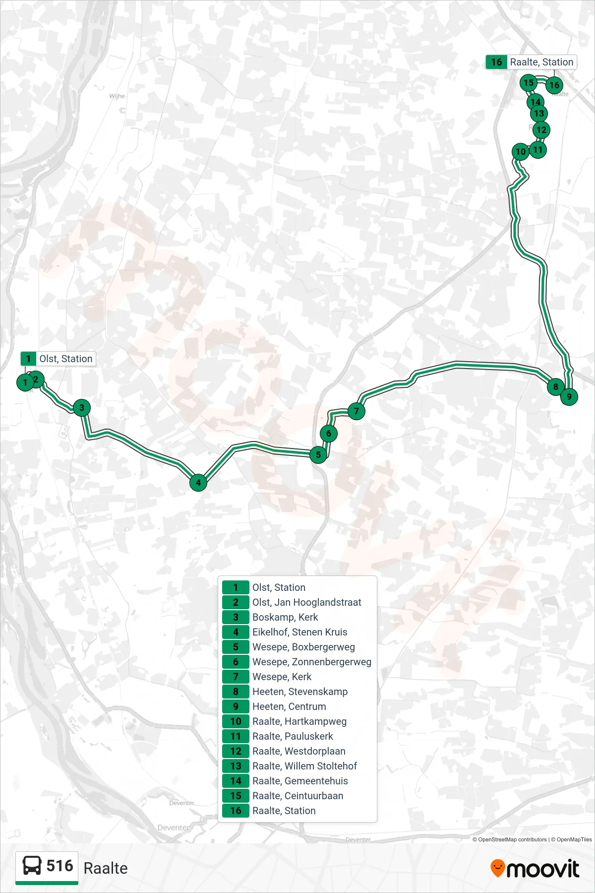 Lijn 516 (bus, Raalte): route en haltes op de kaart