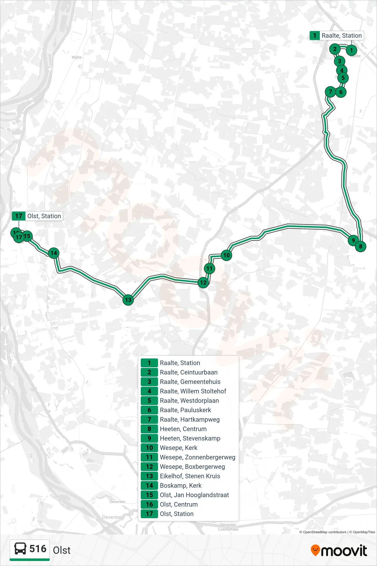 Lijn 516 (bus, Olst): route en haltes op de kaart