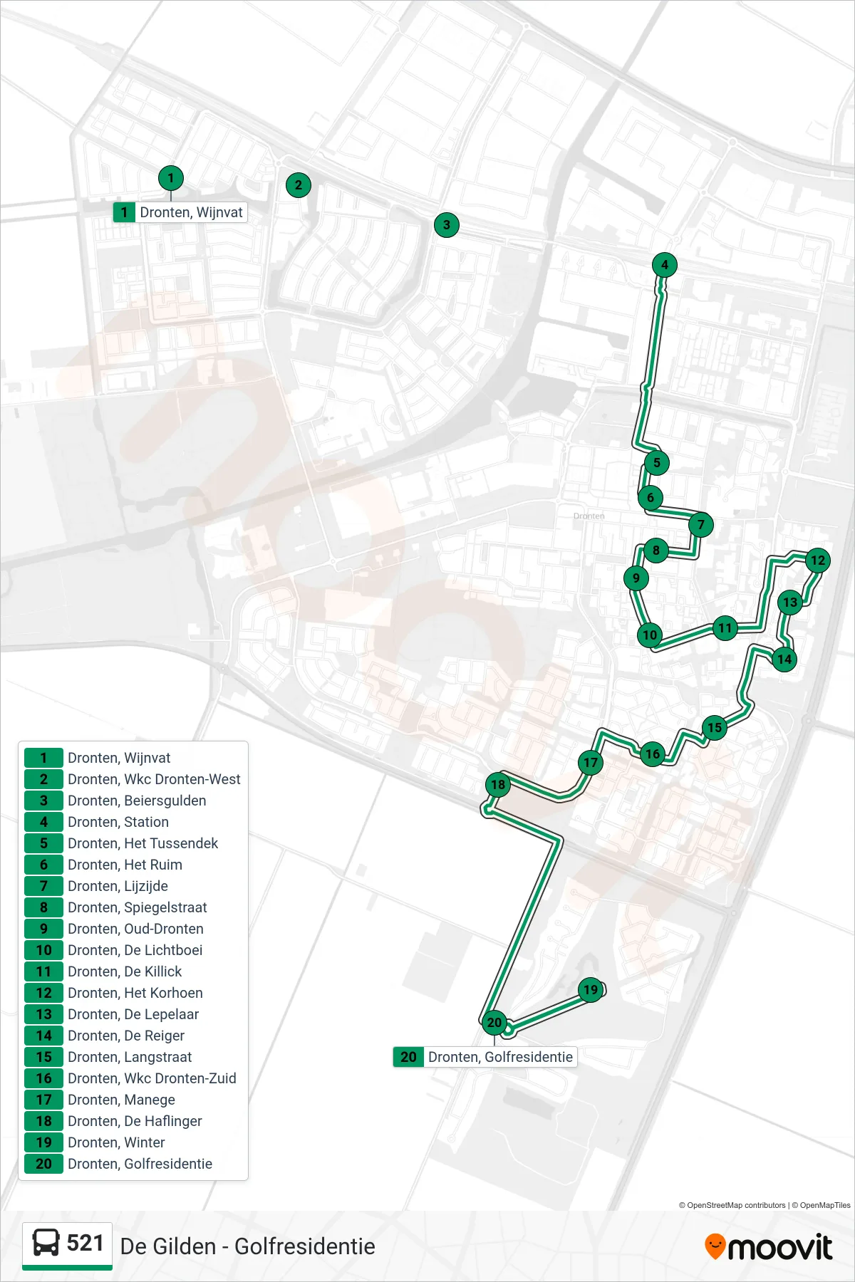 Lijn 521 (bus, Golfresidentie): route en haltes op de kaart